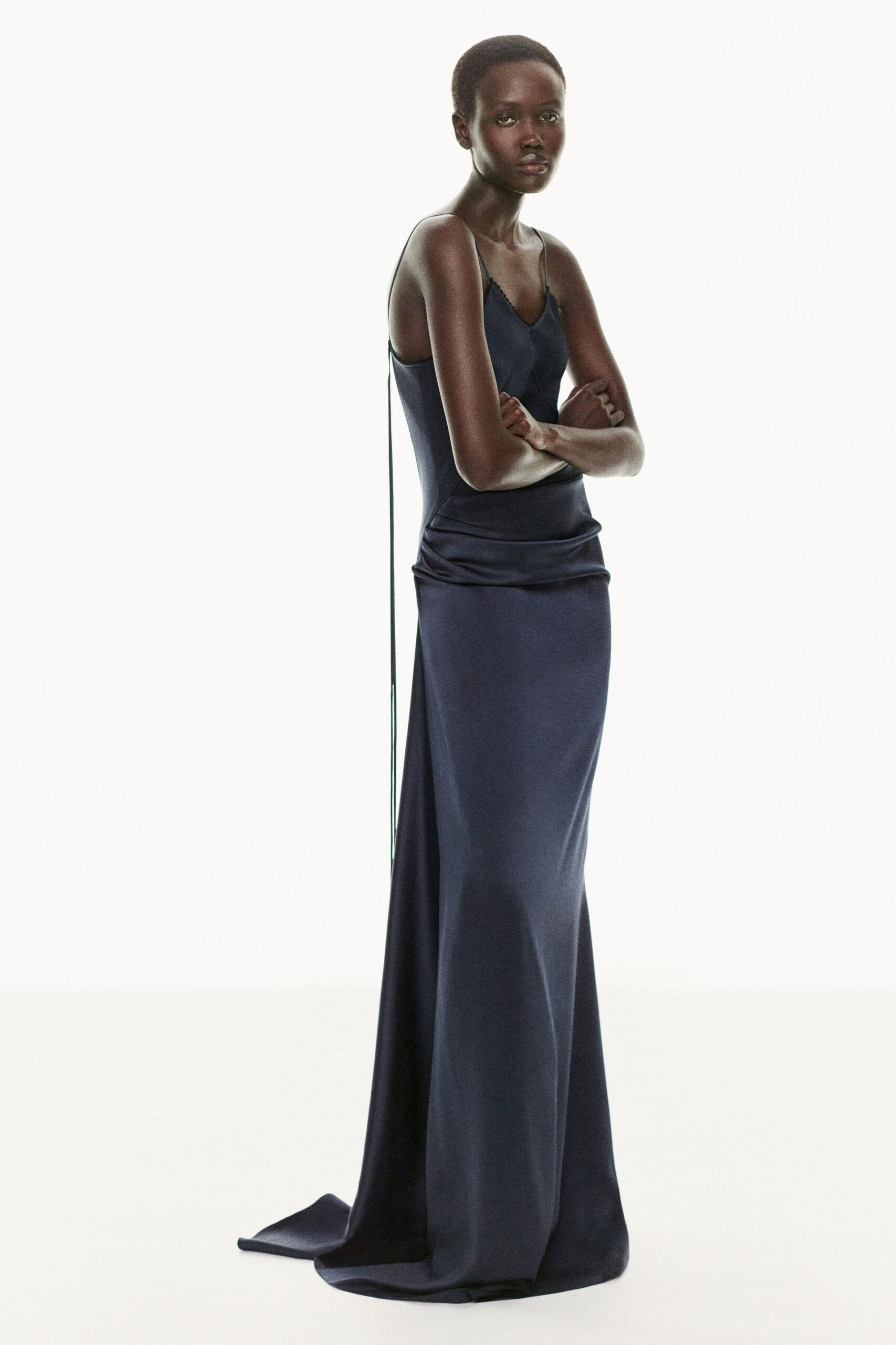 fitted navy silk gown