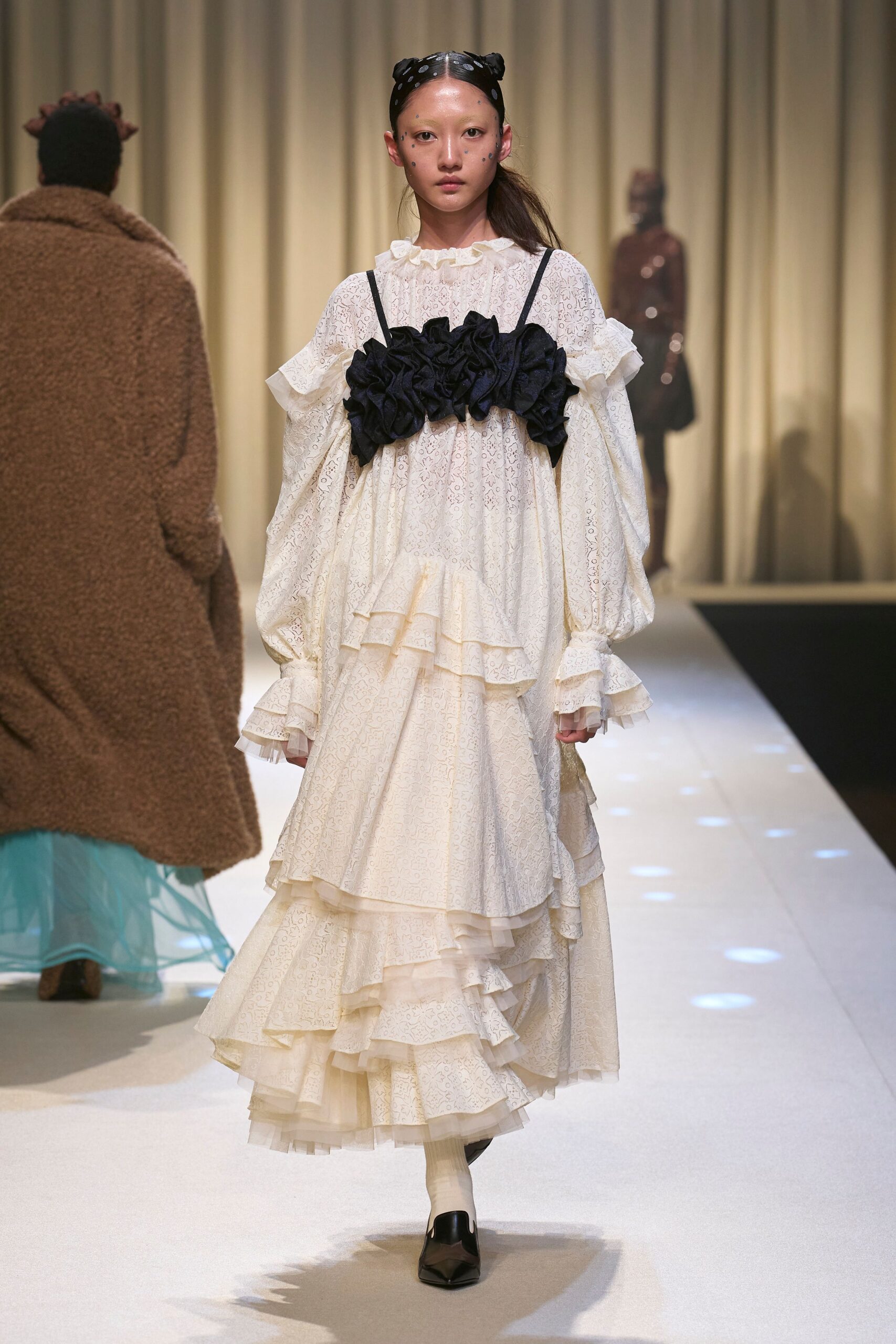white cotton long-sleeve v-neck relaxed ruffled tiered dress