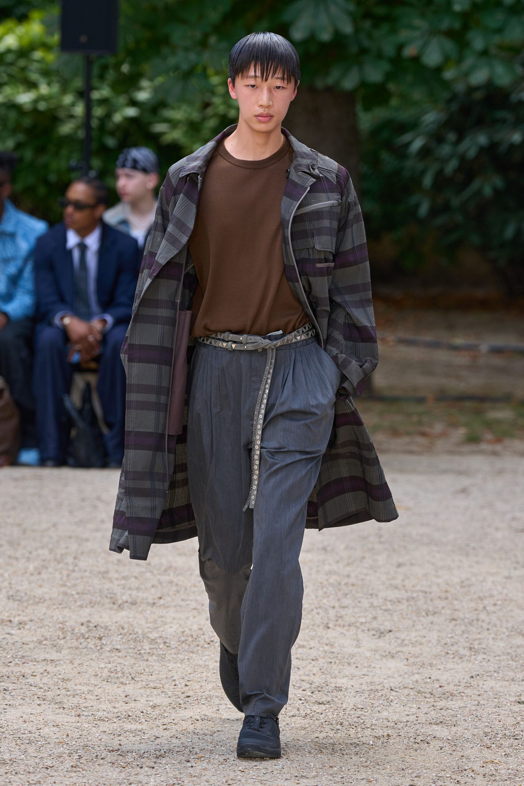 gray checked coat with brown top