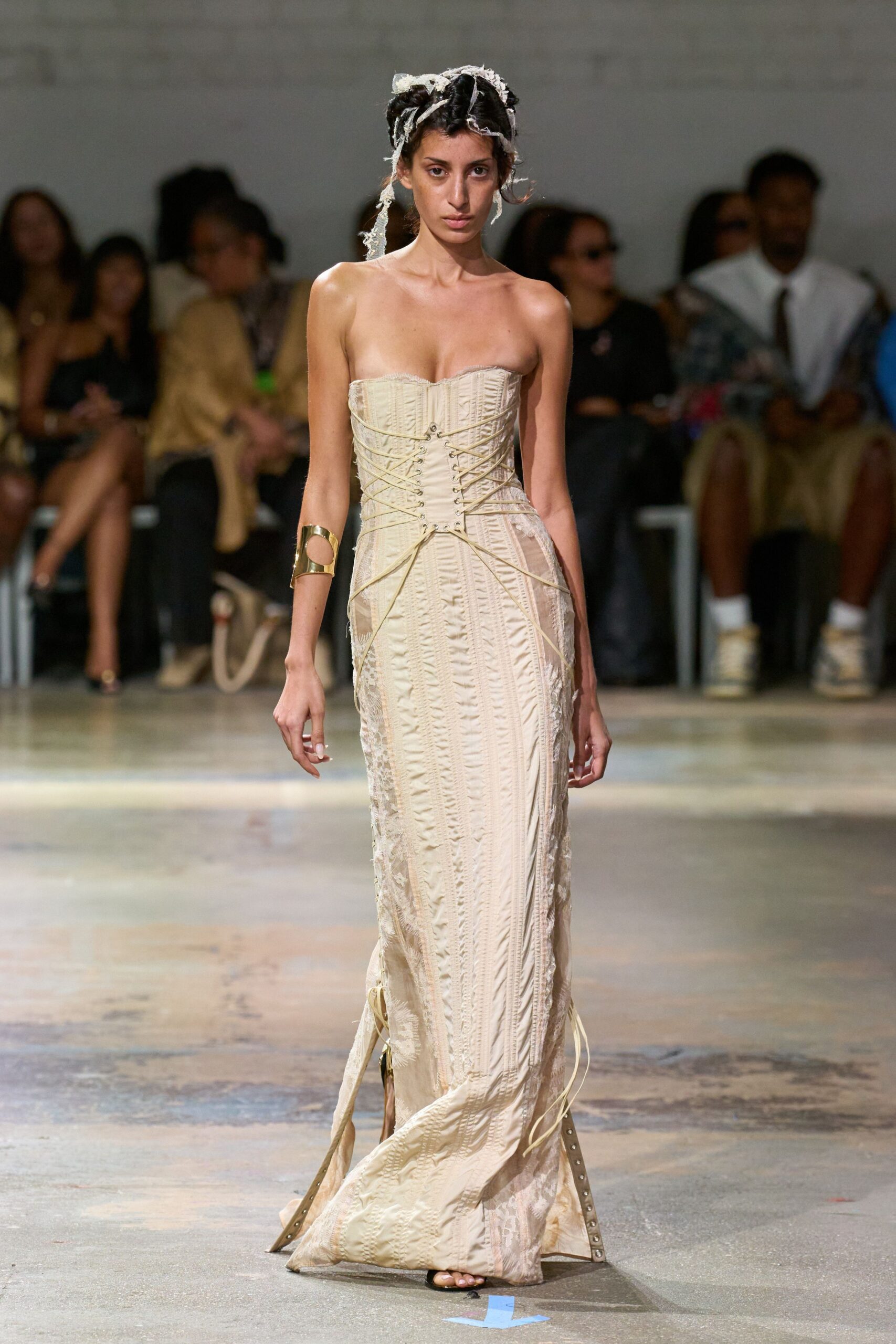 beige silk strapless slit fitted pleated embroidered gown