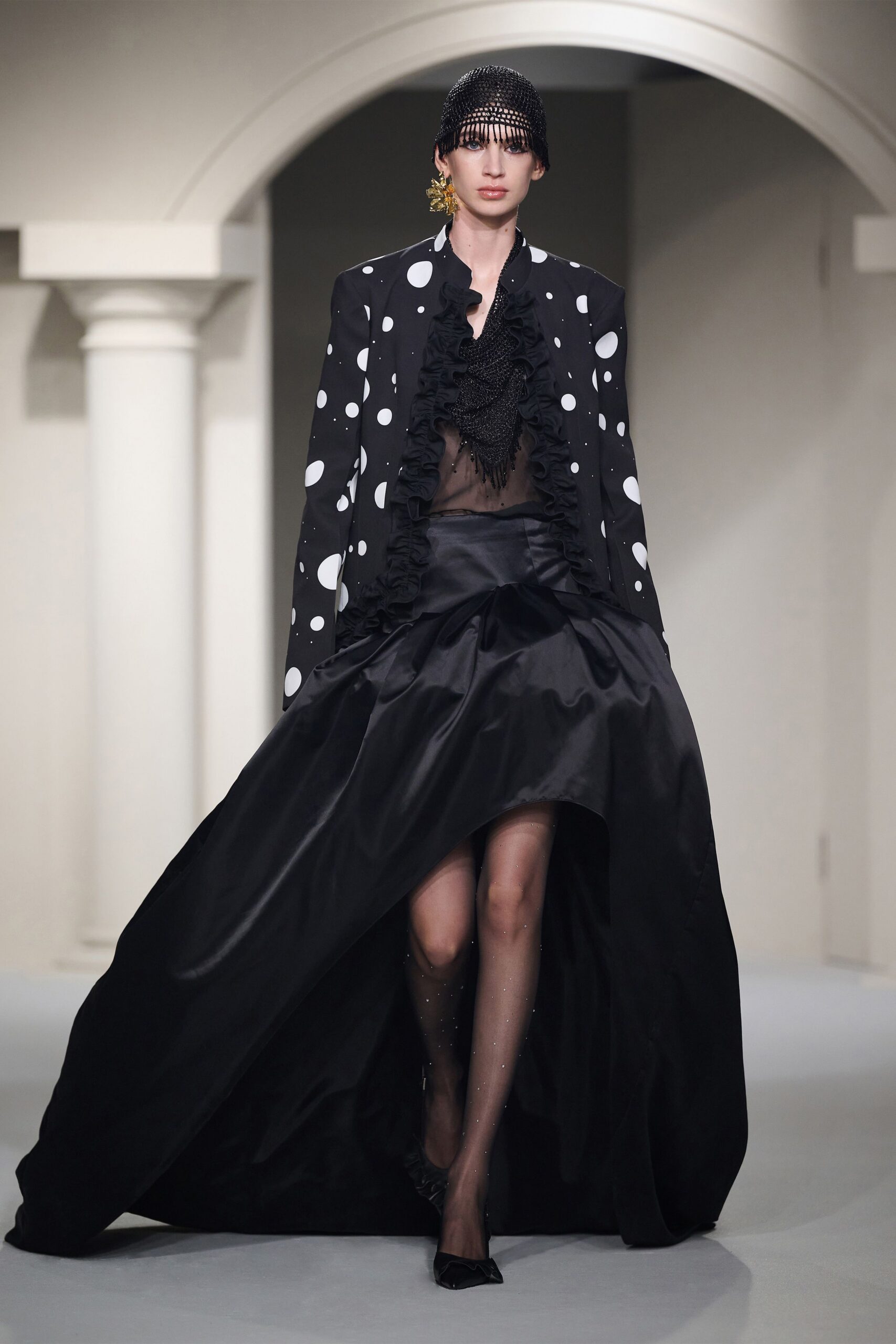 black cotton long-sleeve collared structured polka-dot ruffled blazer