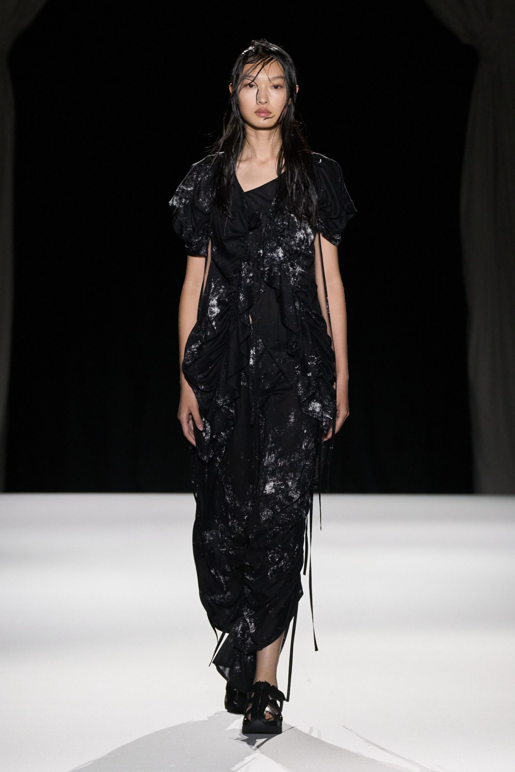 black draped maxi dress with shoes