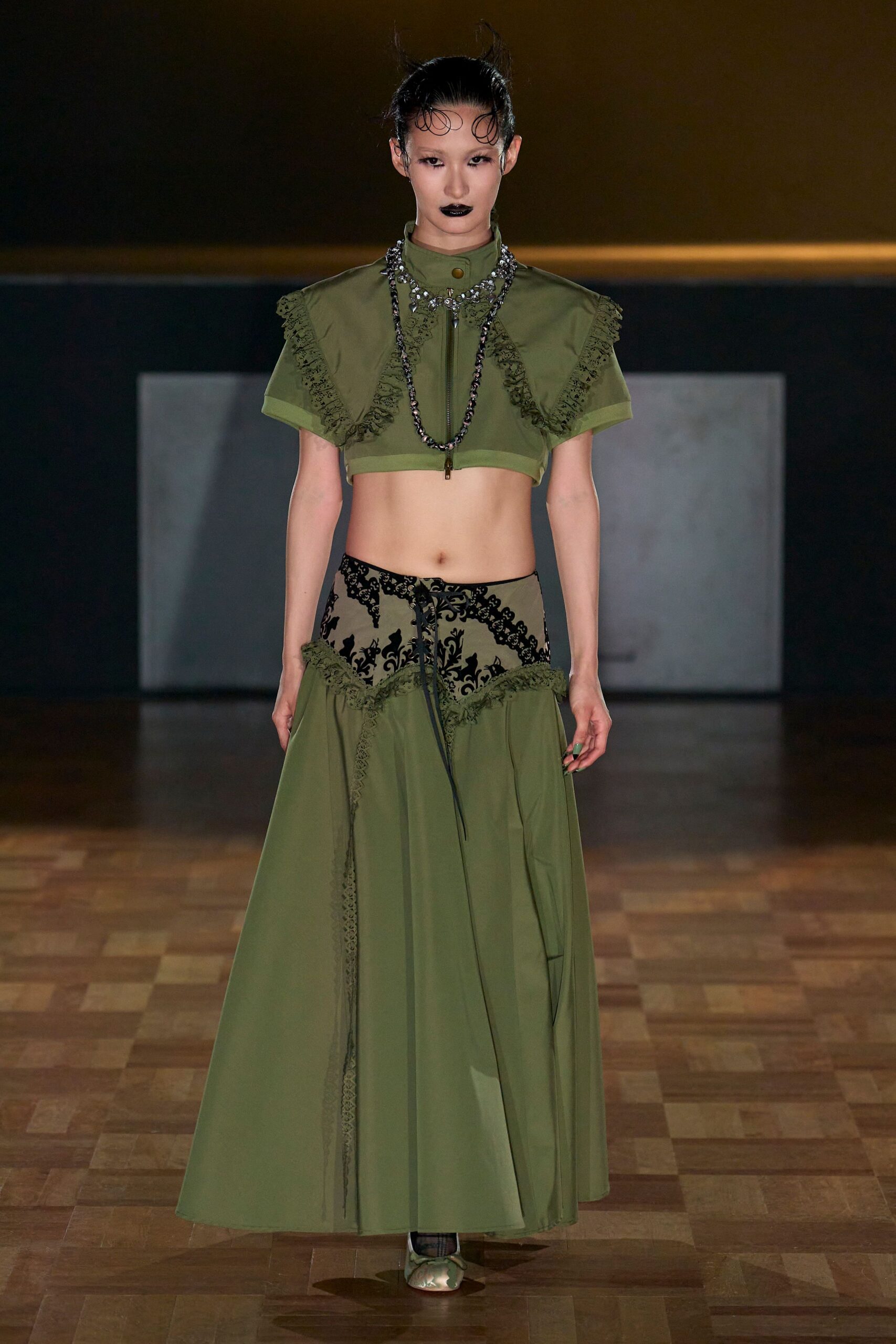 green silk sleeveless high-neck fitted embroidered crop-top