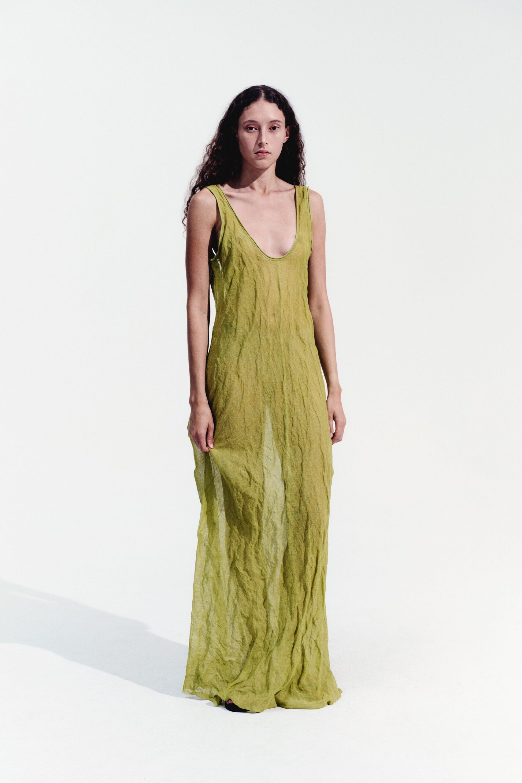 green linen sleeveless gown