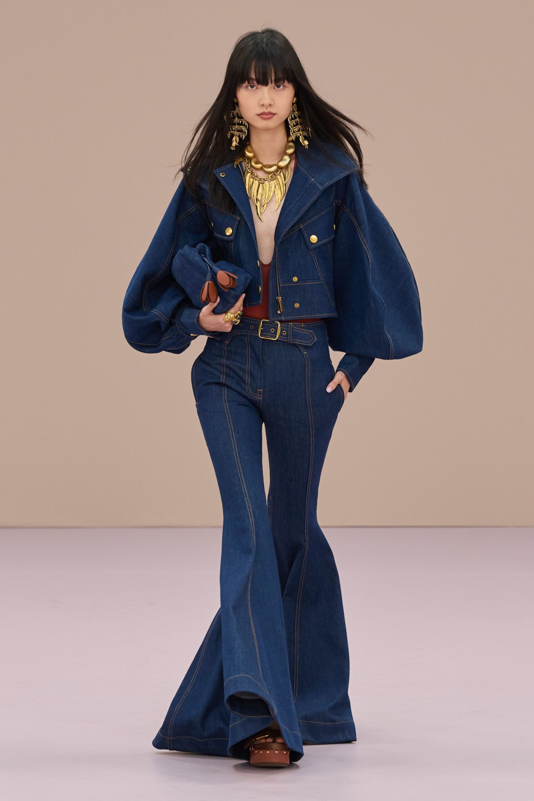 blue denim long-sleeve collared fitted zippered jacket