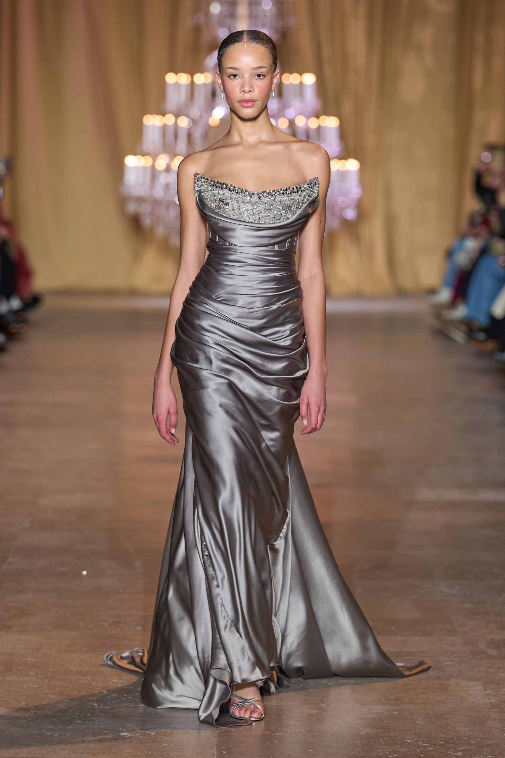 gray silk strapless fitted ruched shiny maxi gown
