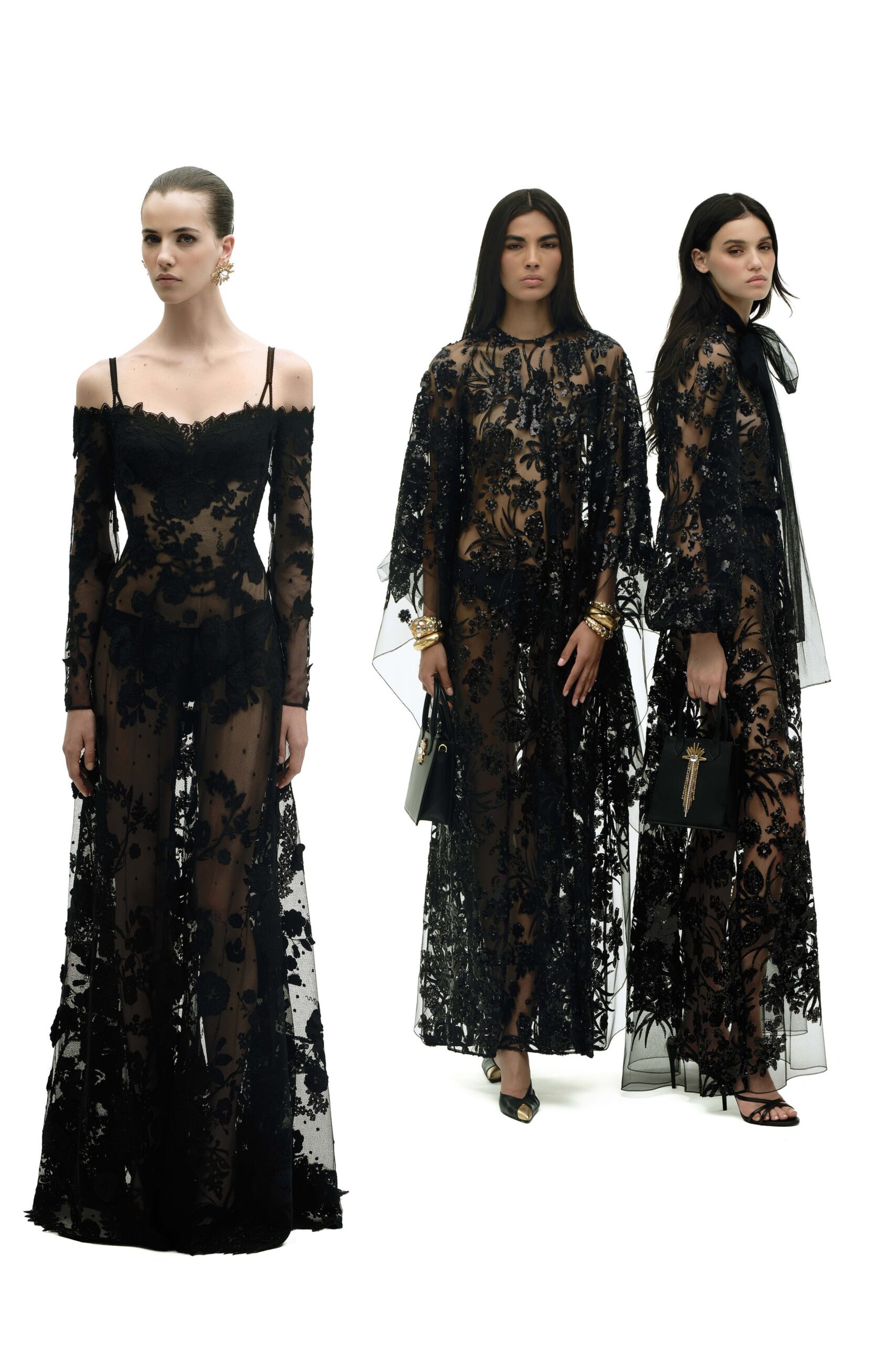black lace long-sleeve off-shoulder fitted embroidered layered gown