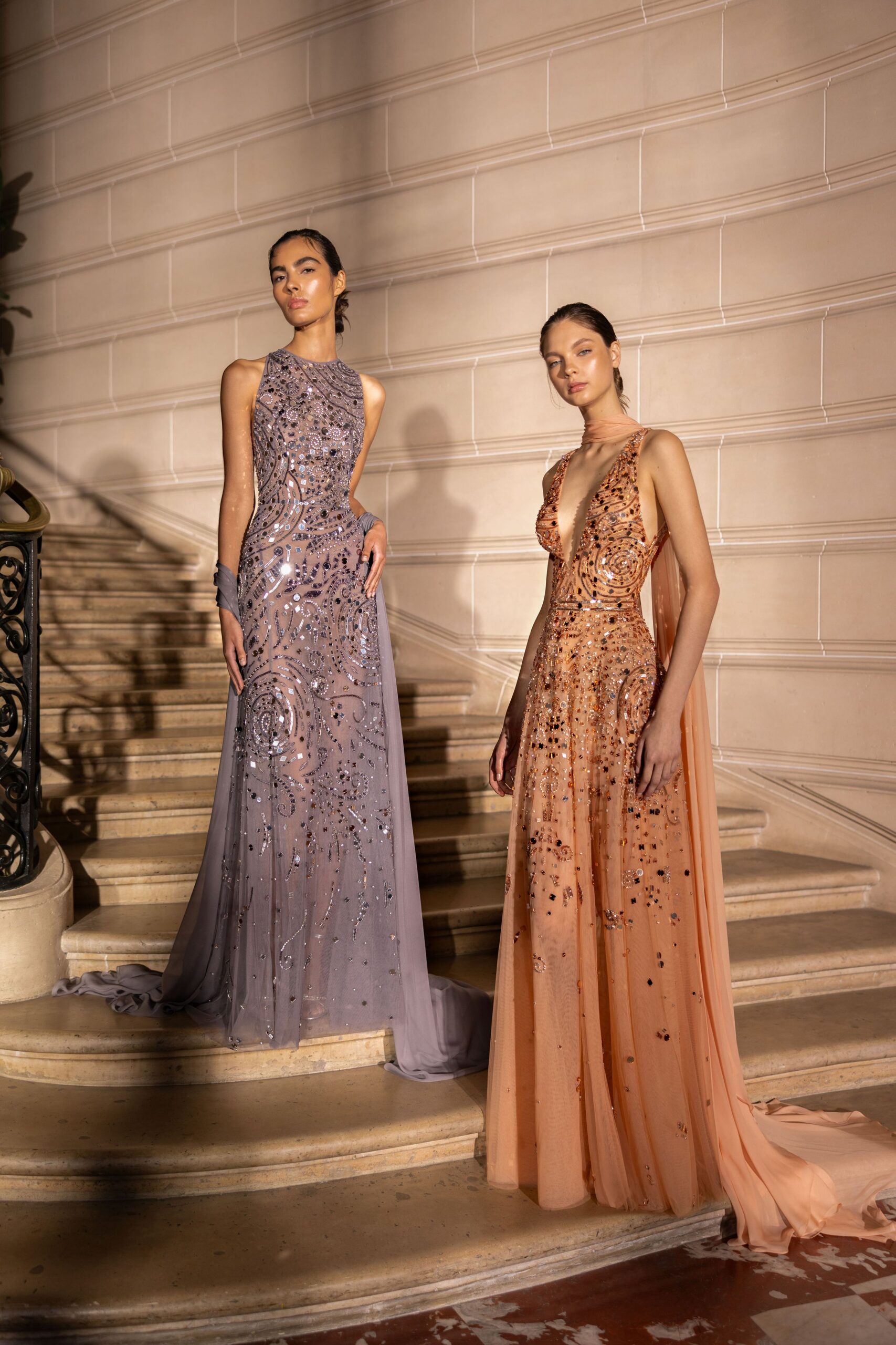 purple and orange beaded gowns