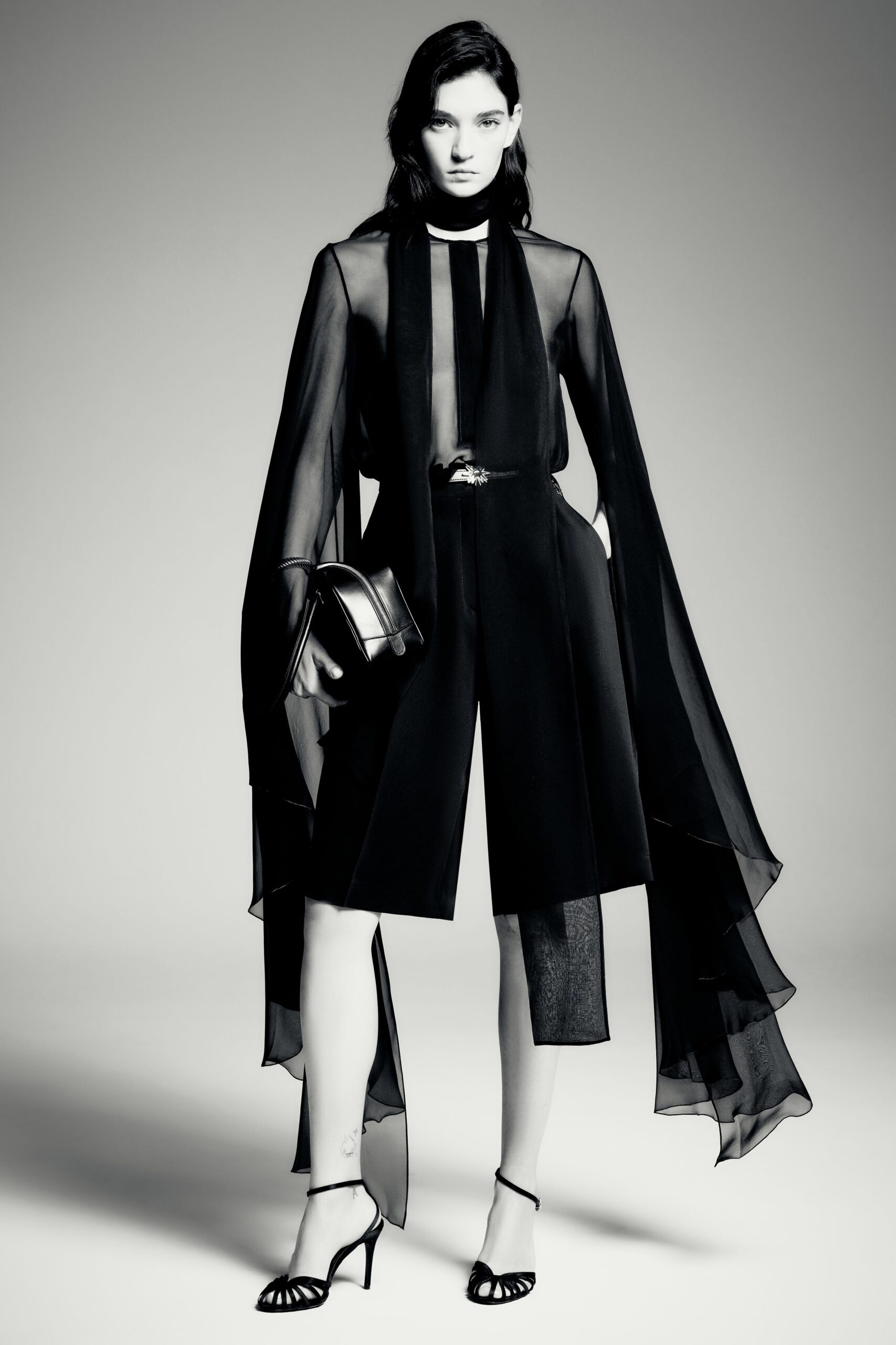 black chiffon long-sleeve collared fitted layered sheer jacket