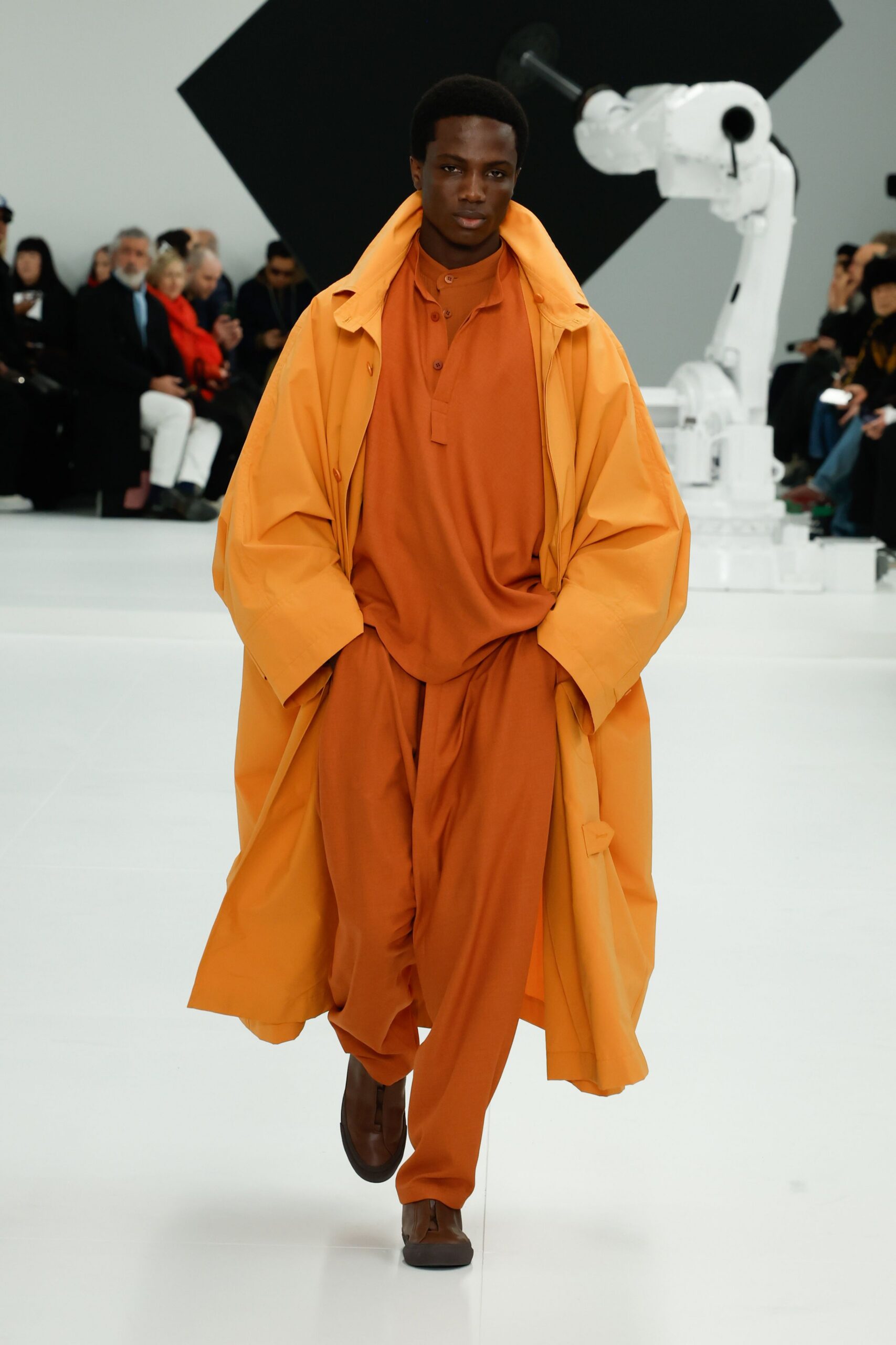 orange long-sleeve collared oversized coat