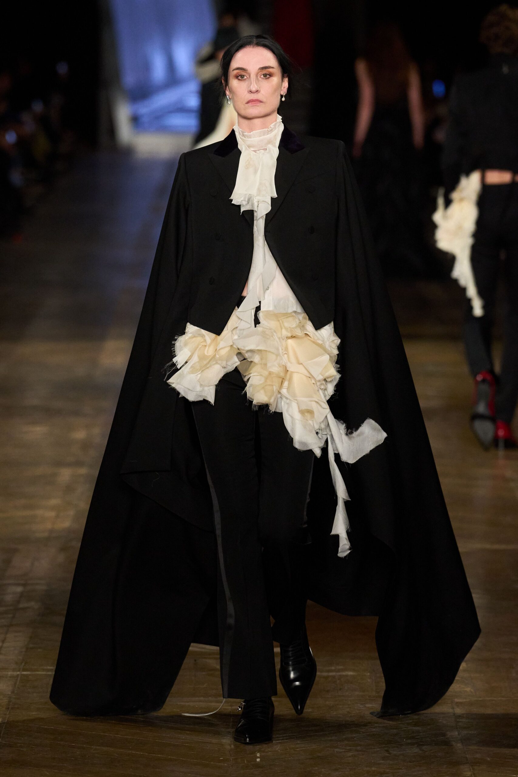 white silk long-sleeve collared fitted ruffled shirt