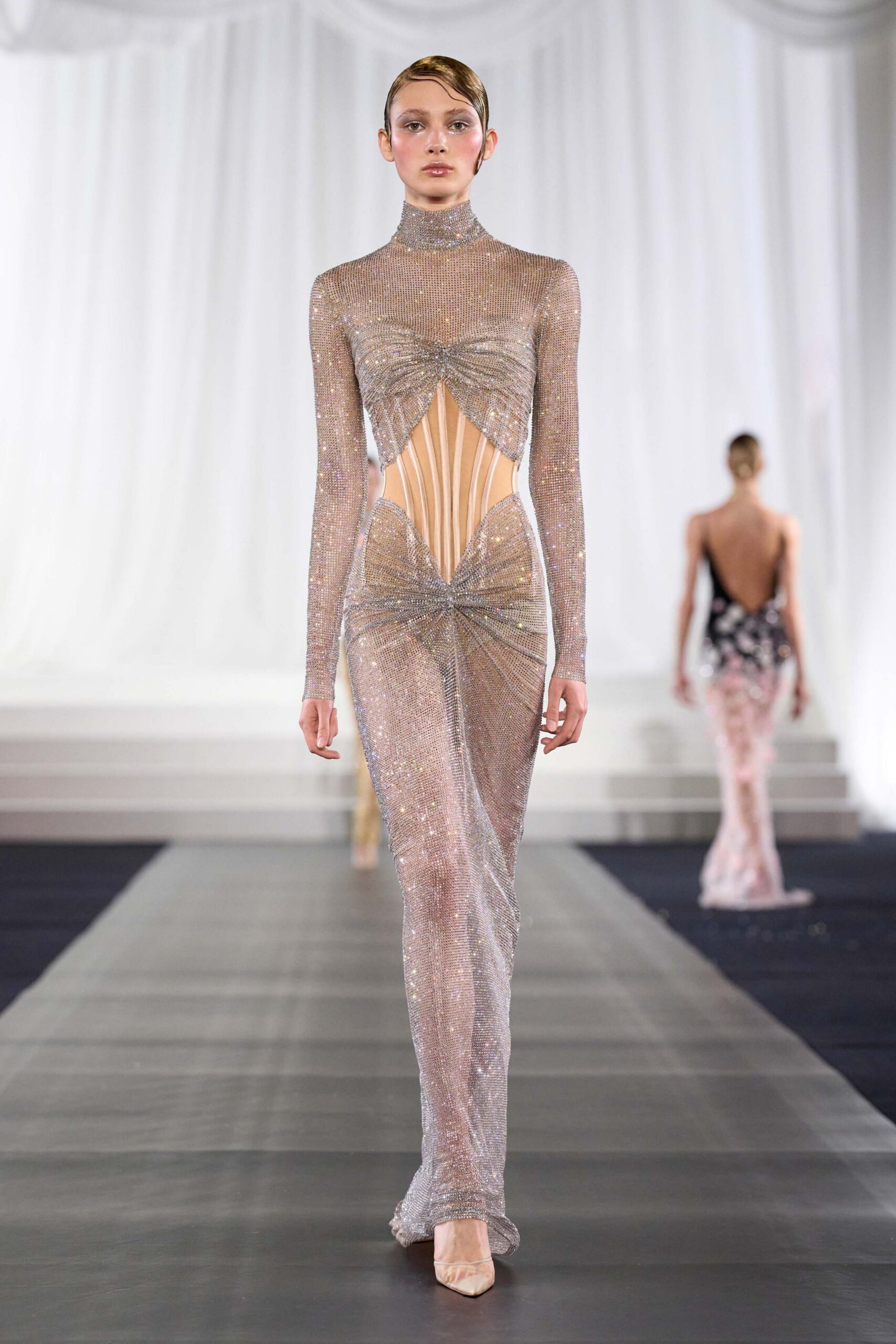 fitted silver mesh gown