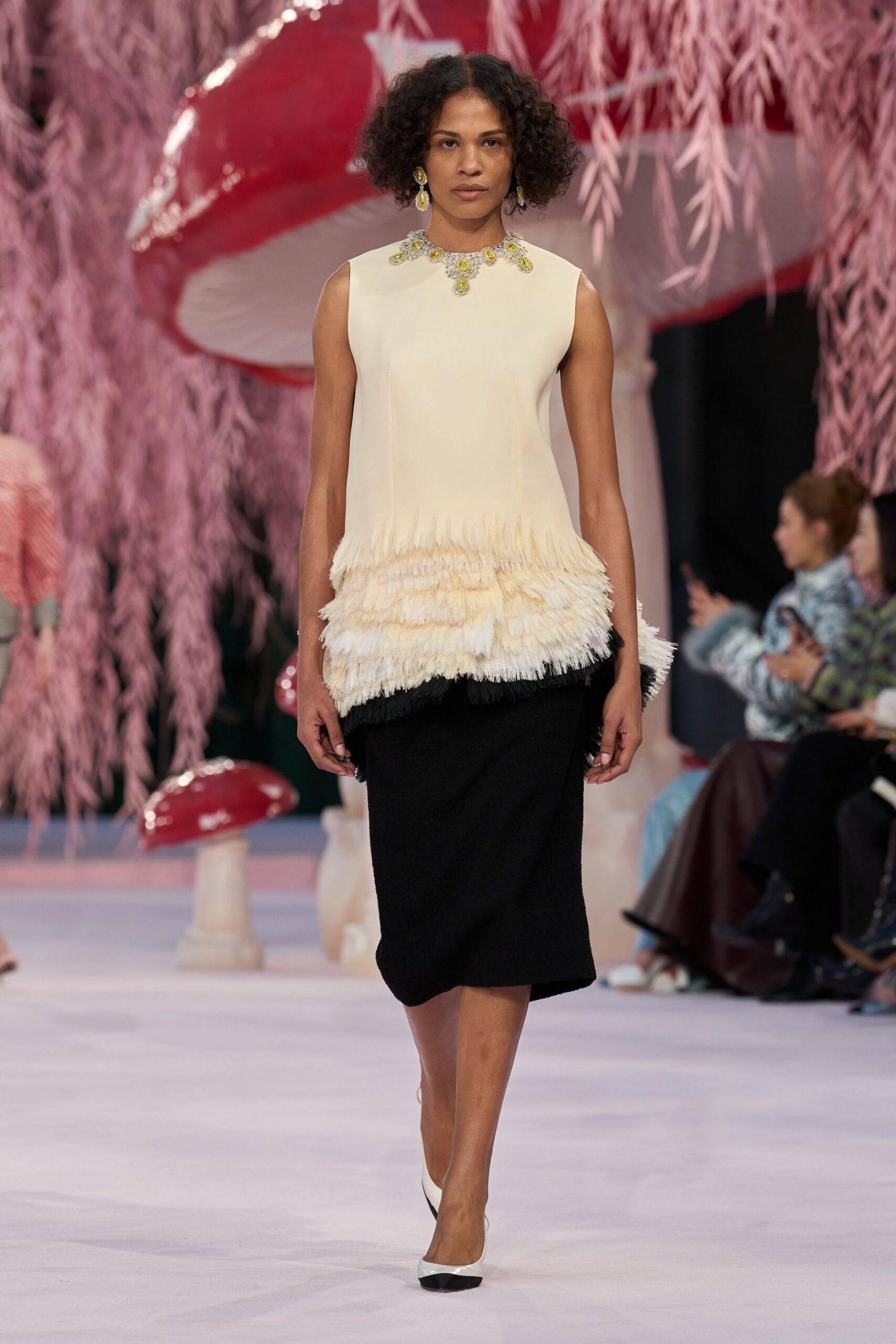 ivory silk sleeveless high-neck fitted ruffled top