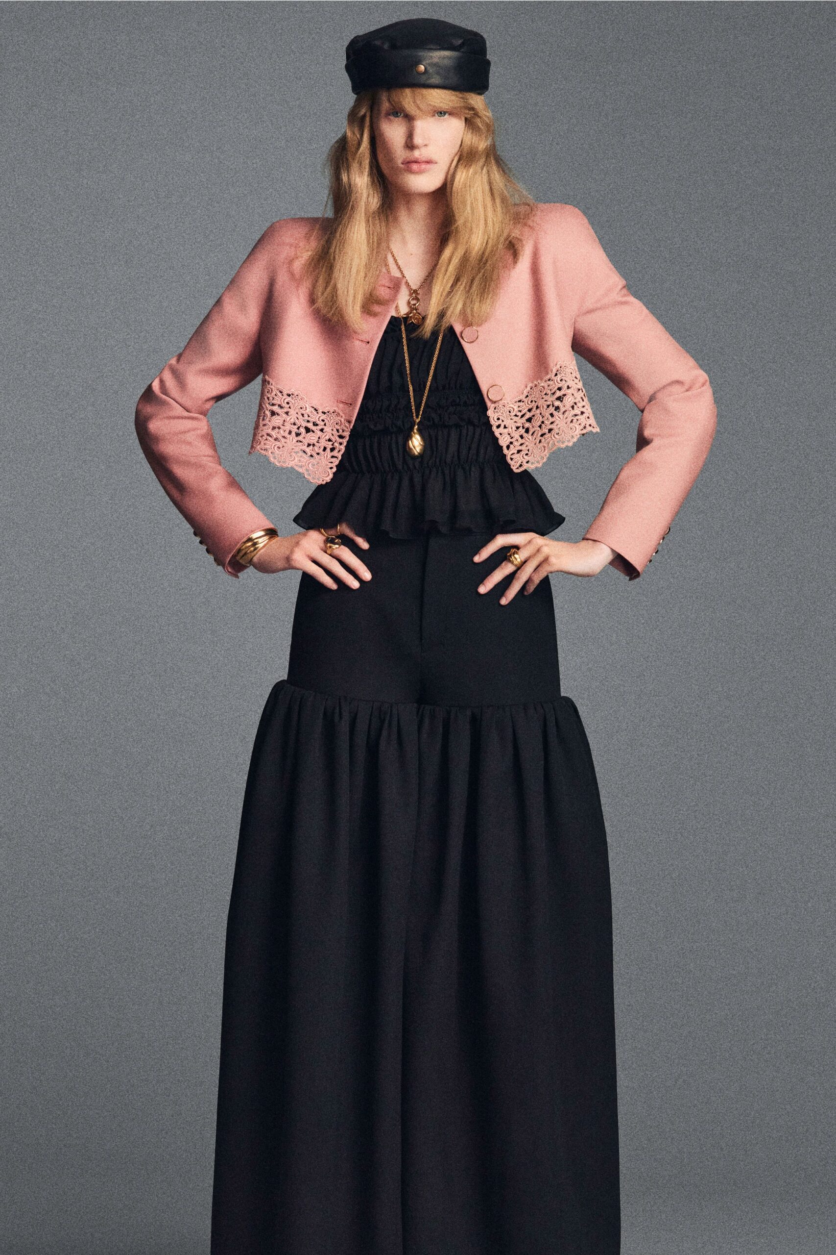 pink cotton long-sleeve collared fitted layered jacket