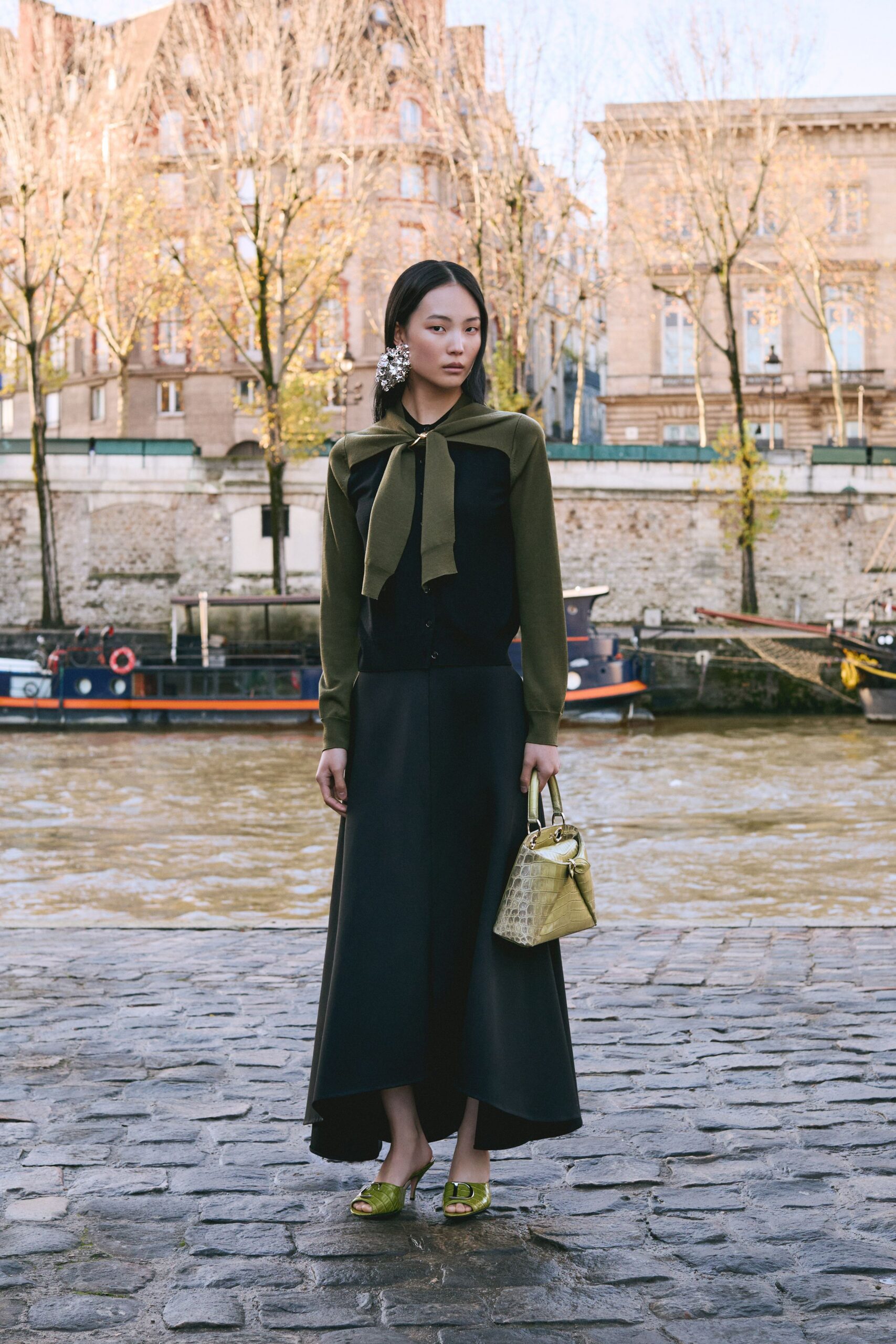 black and green blouse with asymmetric skirt