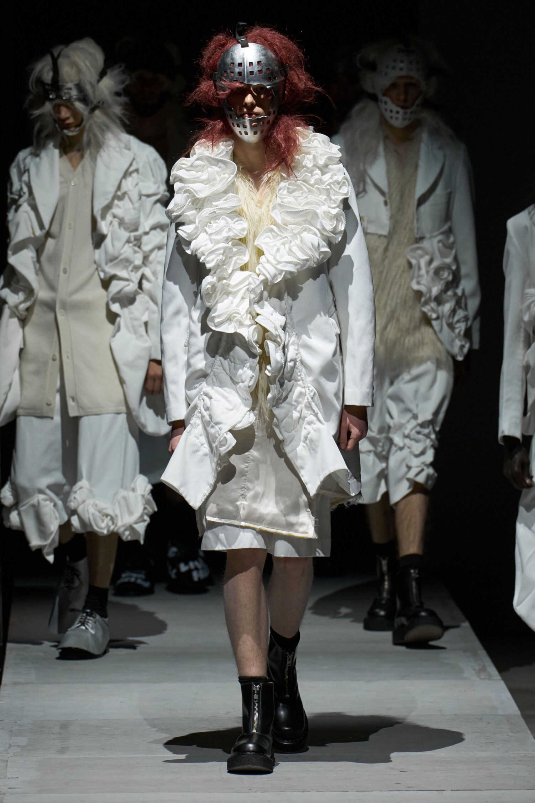 white silk long-sleeve collared relaxed ruffled midi coat