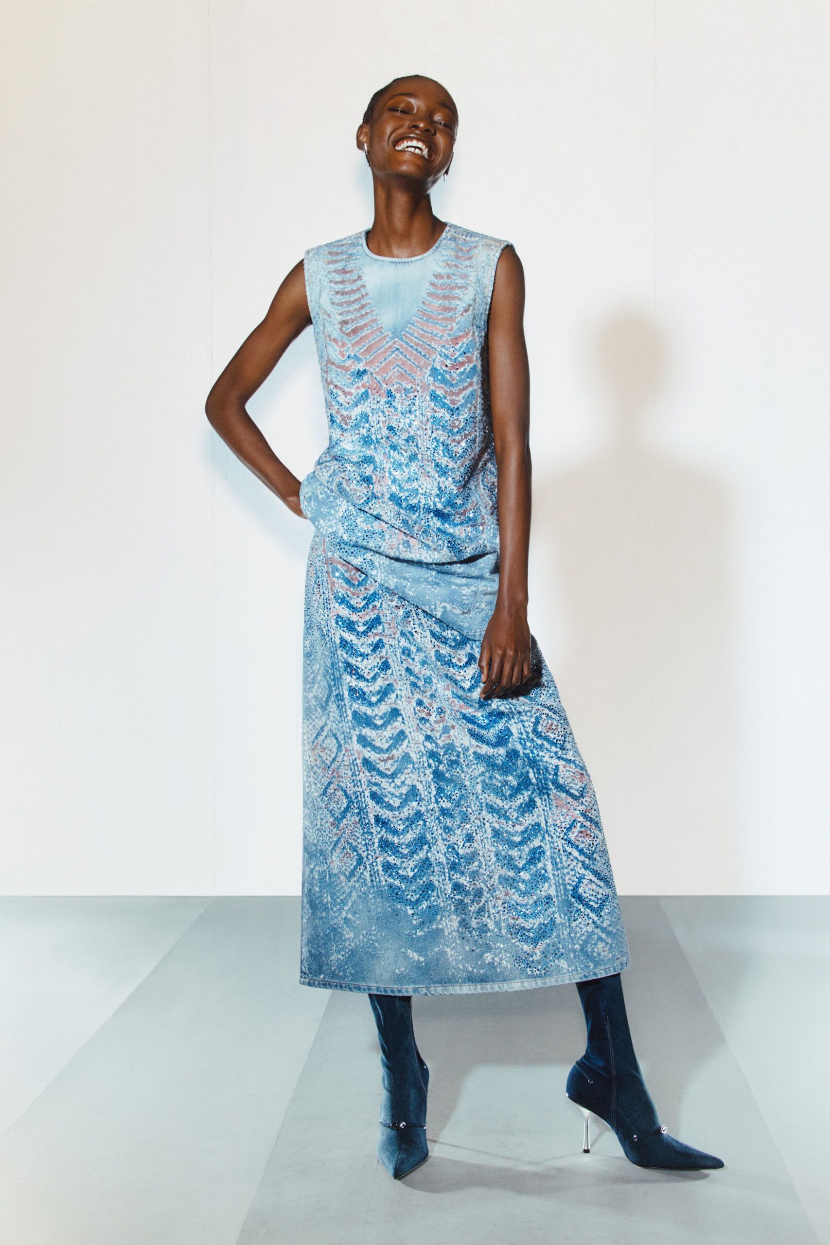 blue silk sleeveless high-neck fitted embroidered tiered dress
