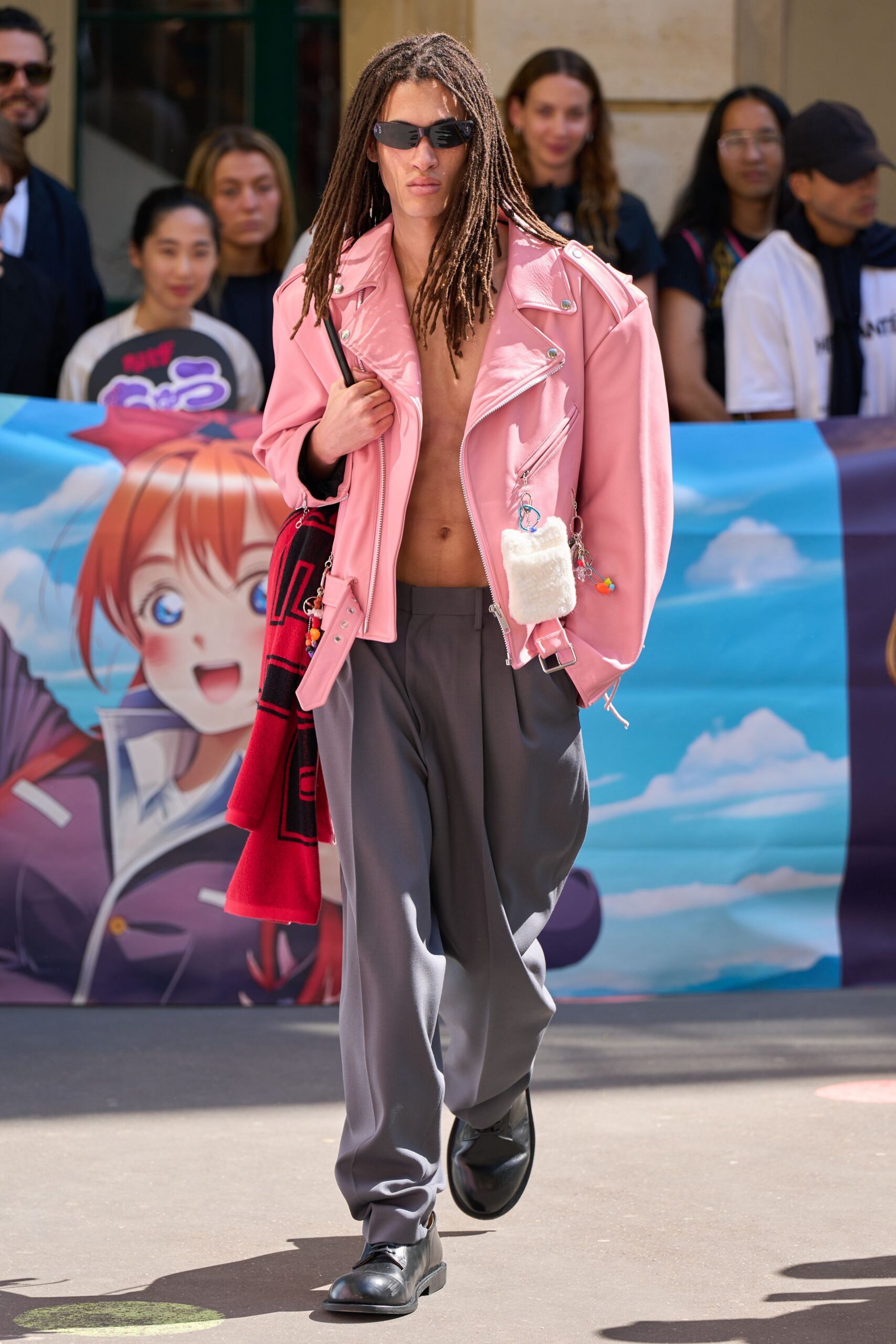 pink leather long-sleeve oversized zippered jacket