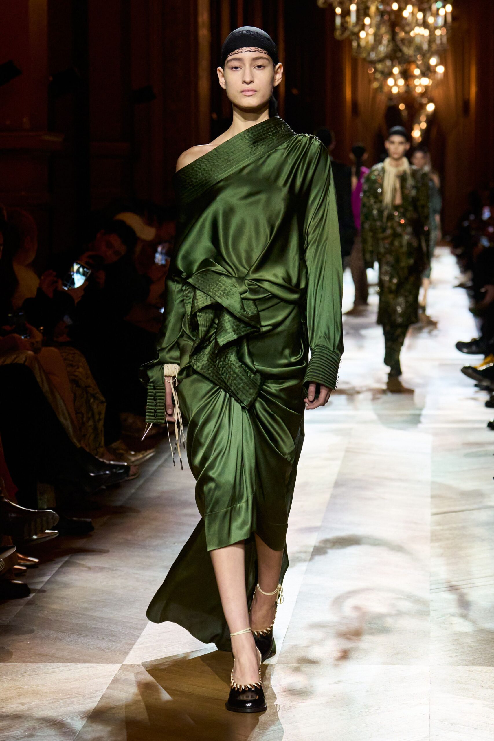 green silk off-shoulder fitted draped flowing maxi dress