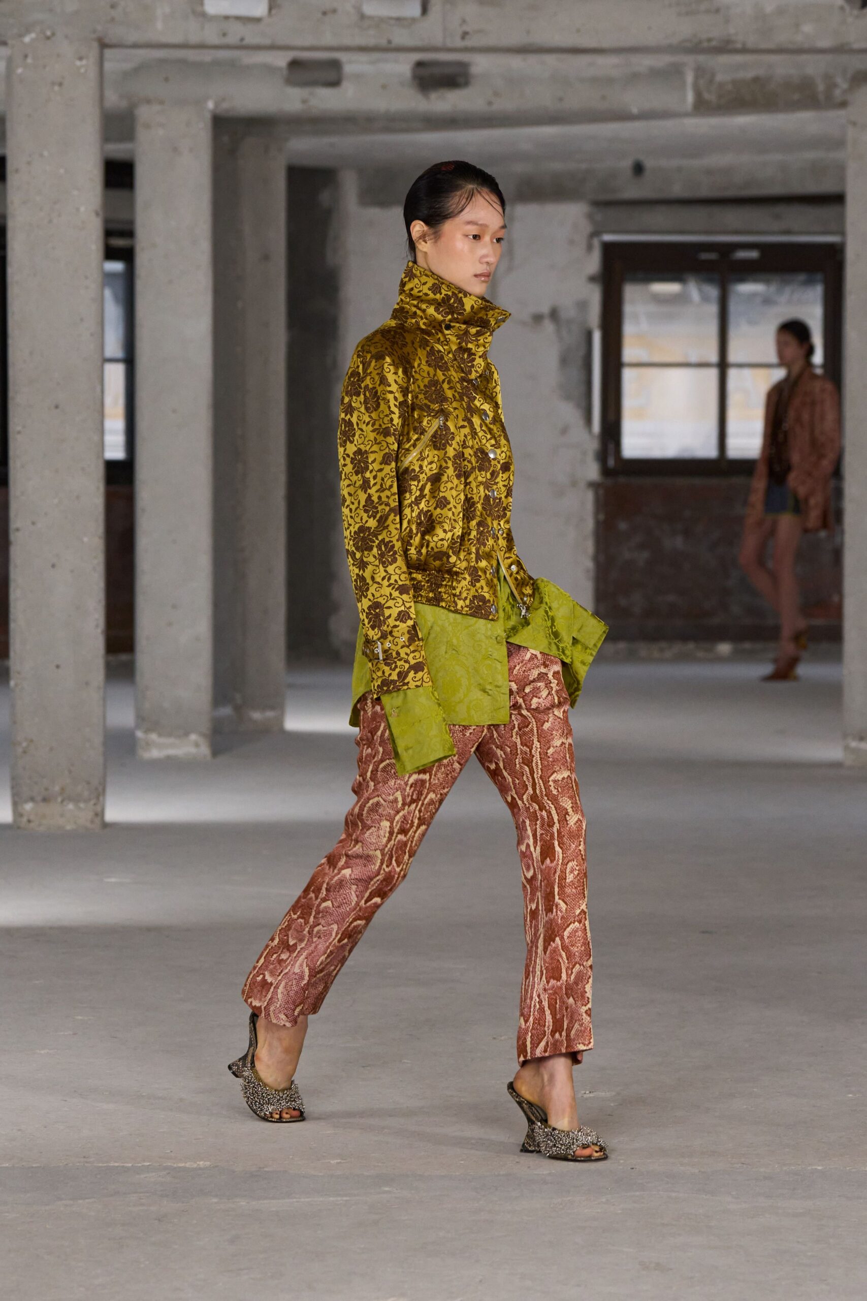 yellow silk long-sleeve collared relaxed printed shirt