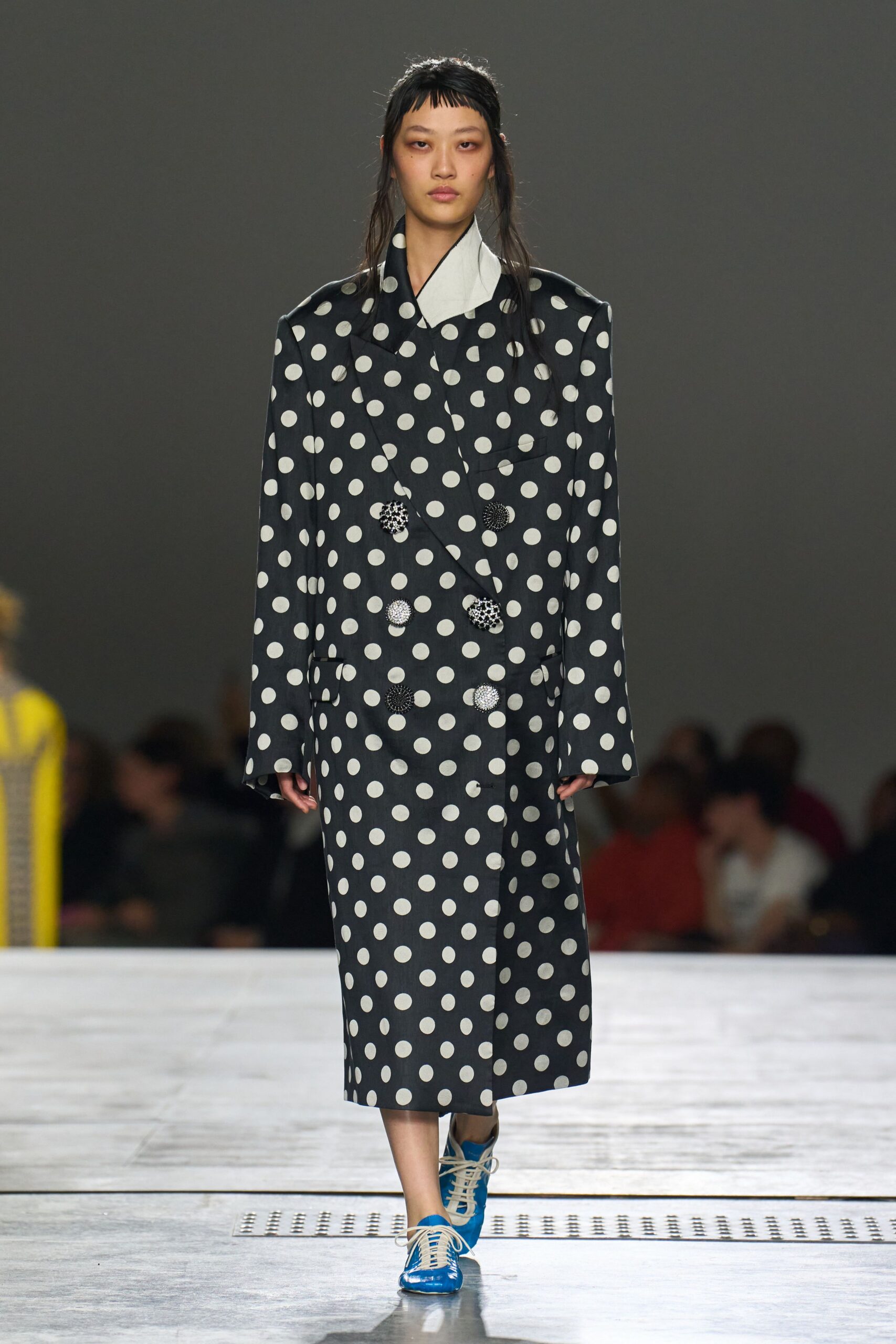 black long-sleeve collared oversized polka-dot maxi coat