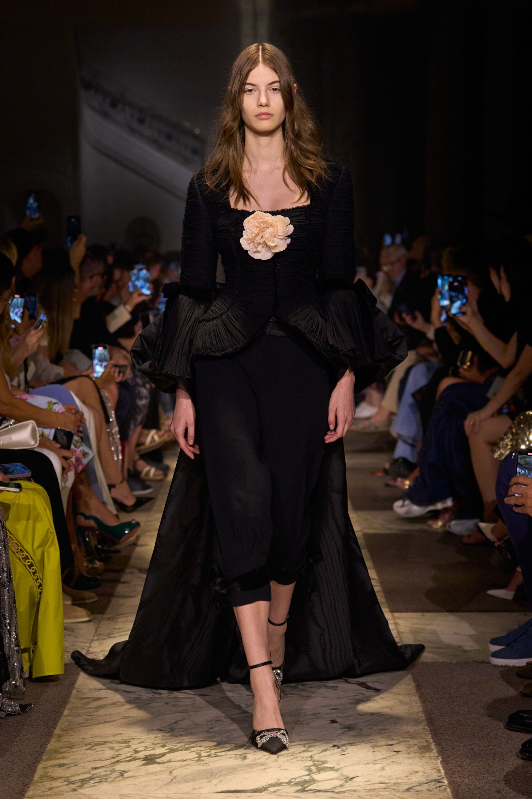 black silk long-sleeve collared fitted pleated ruffled jacket