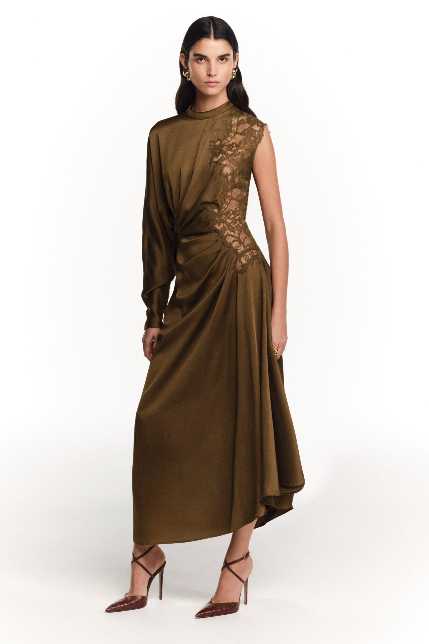 brown silk long-sleeve high-neck fitted draped embroidered gown