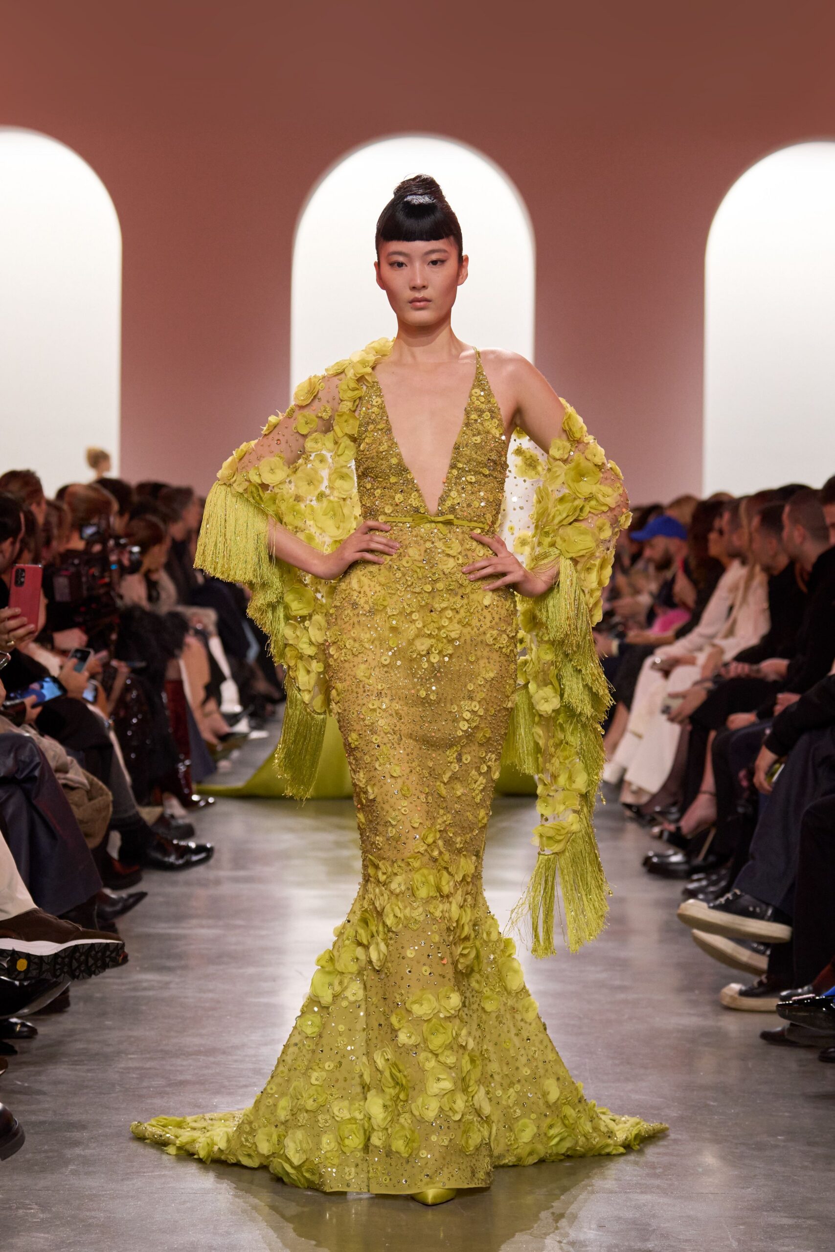 yellow silk sleeveless v-neck fitted embellished flared gown
