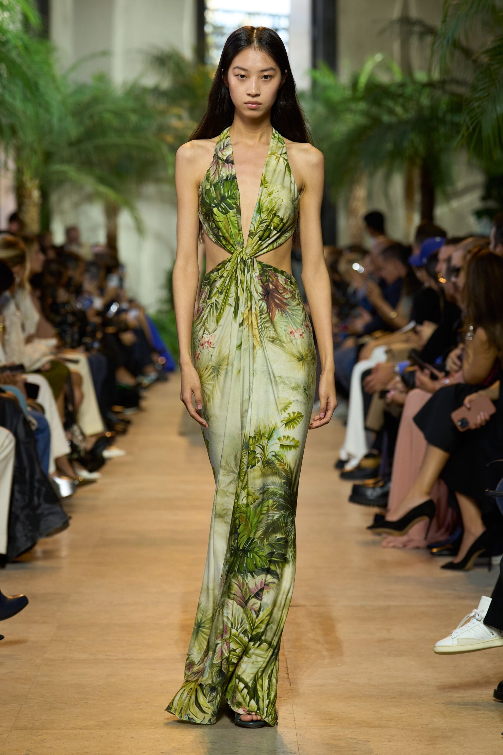 green floral sleeveless gown
