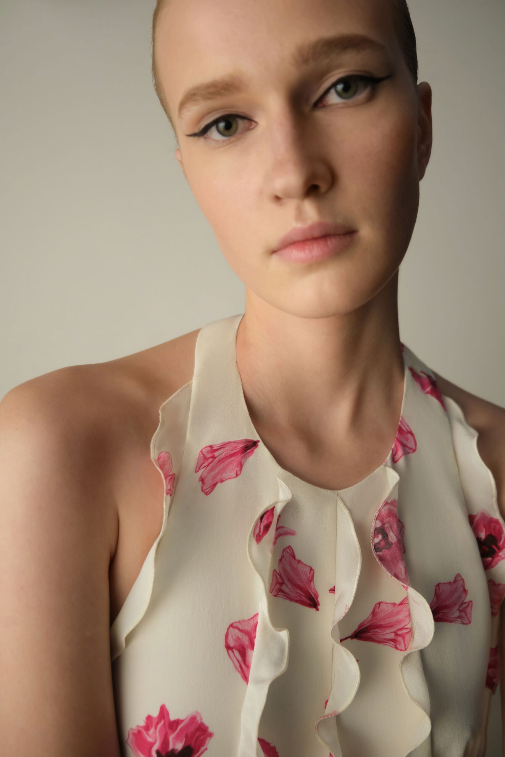 white silk floral ruffled top