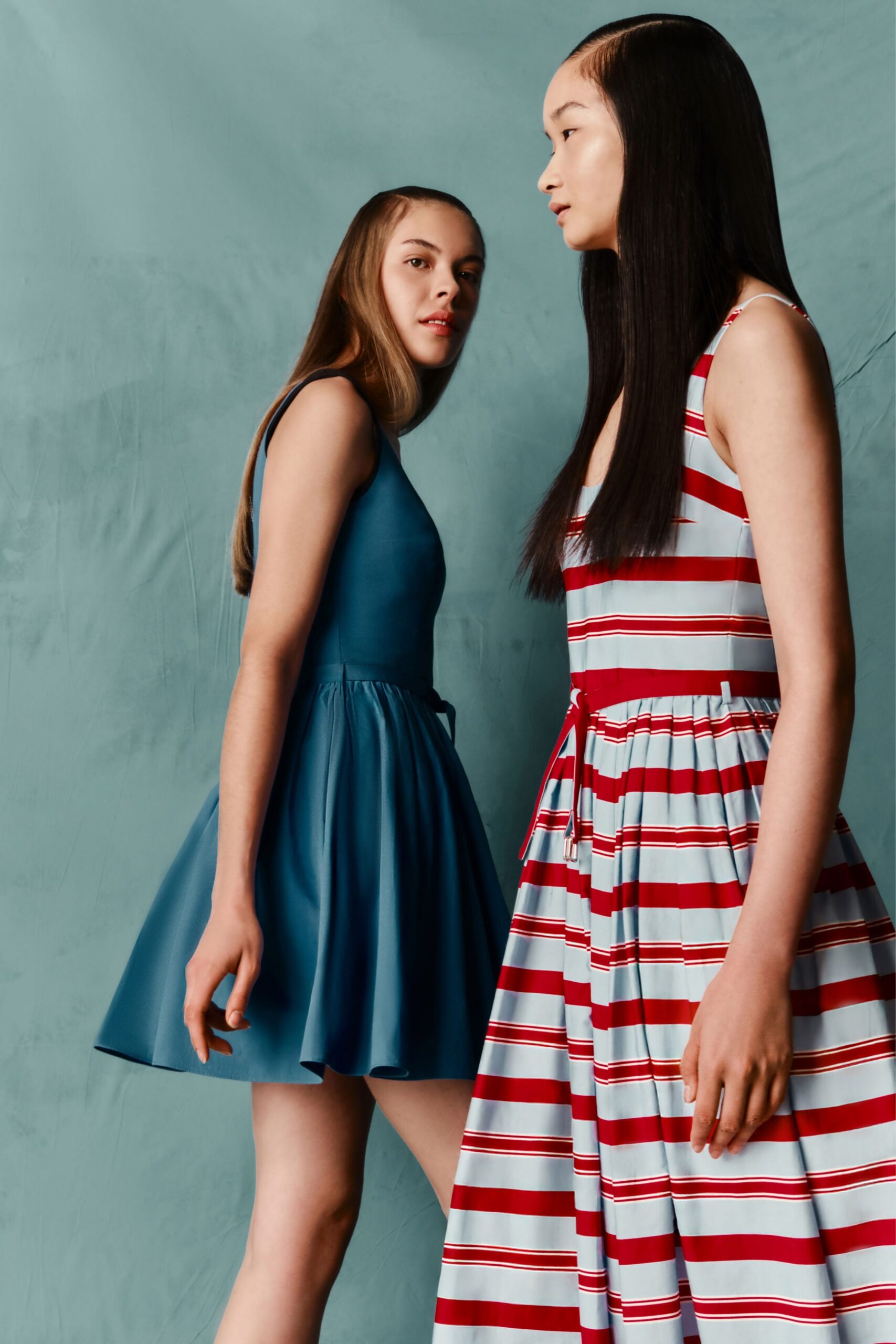 blue cotton sleeveless v-neck fitted pleated mini dress