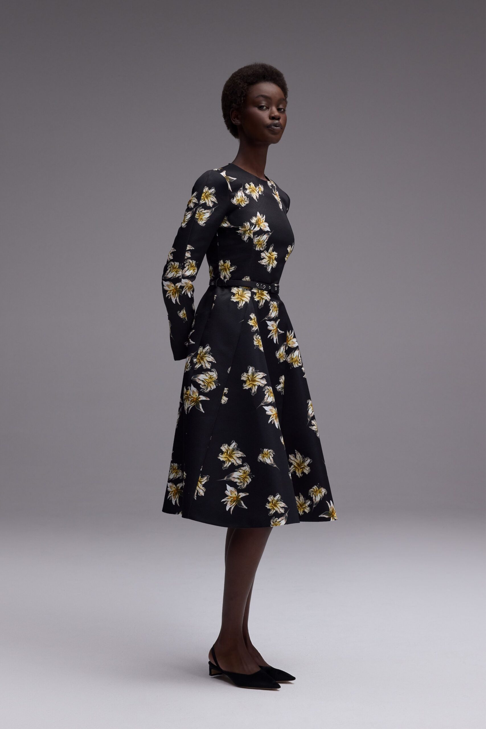 black floral midi dress with shoes