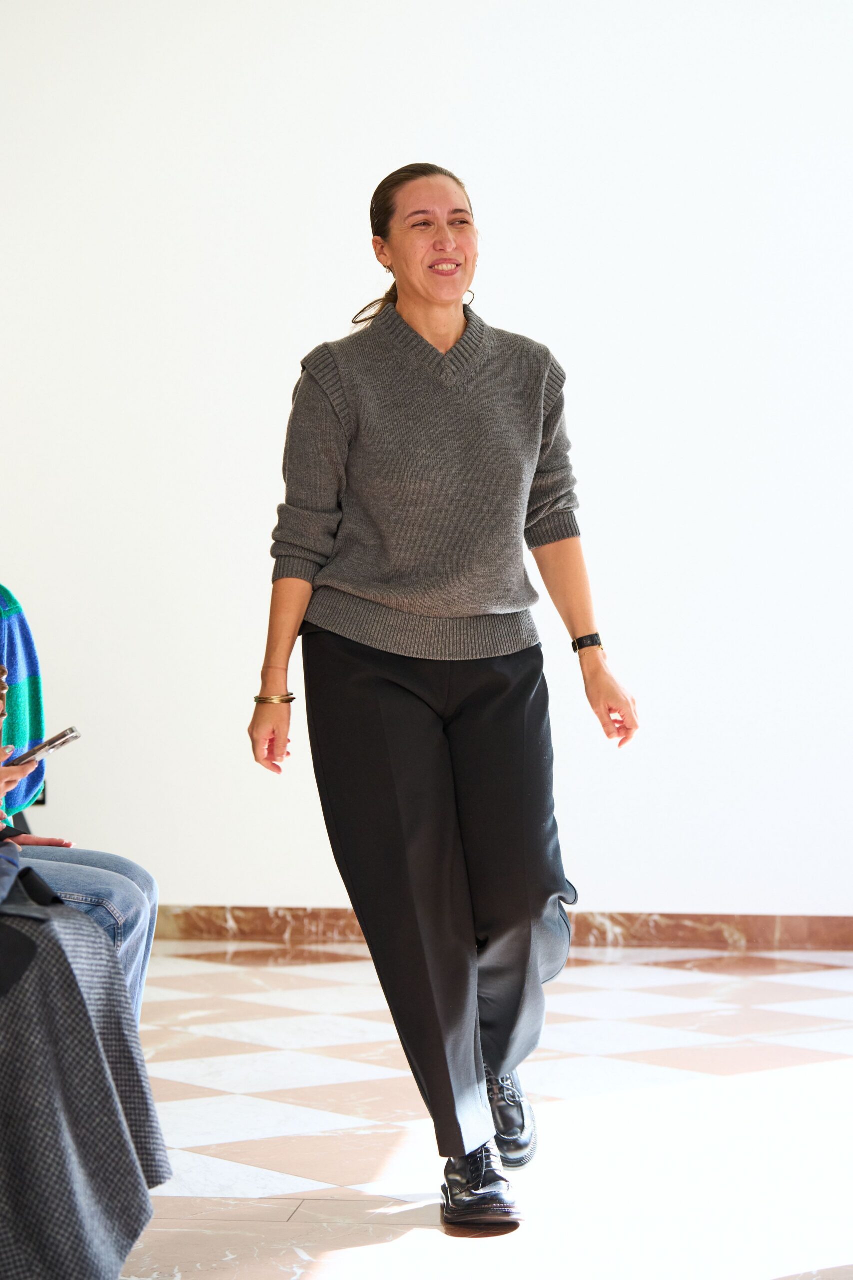 gray wool short-sleeve v-neck relaxed sweater