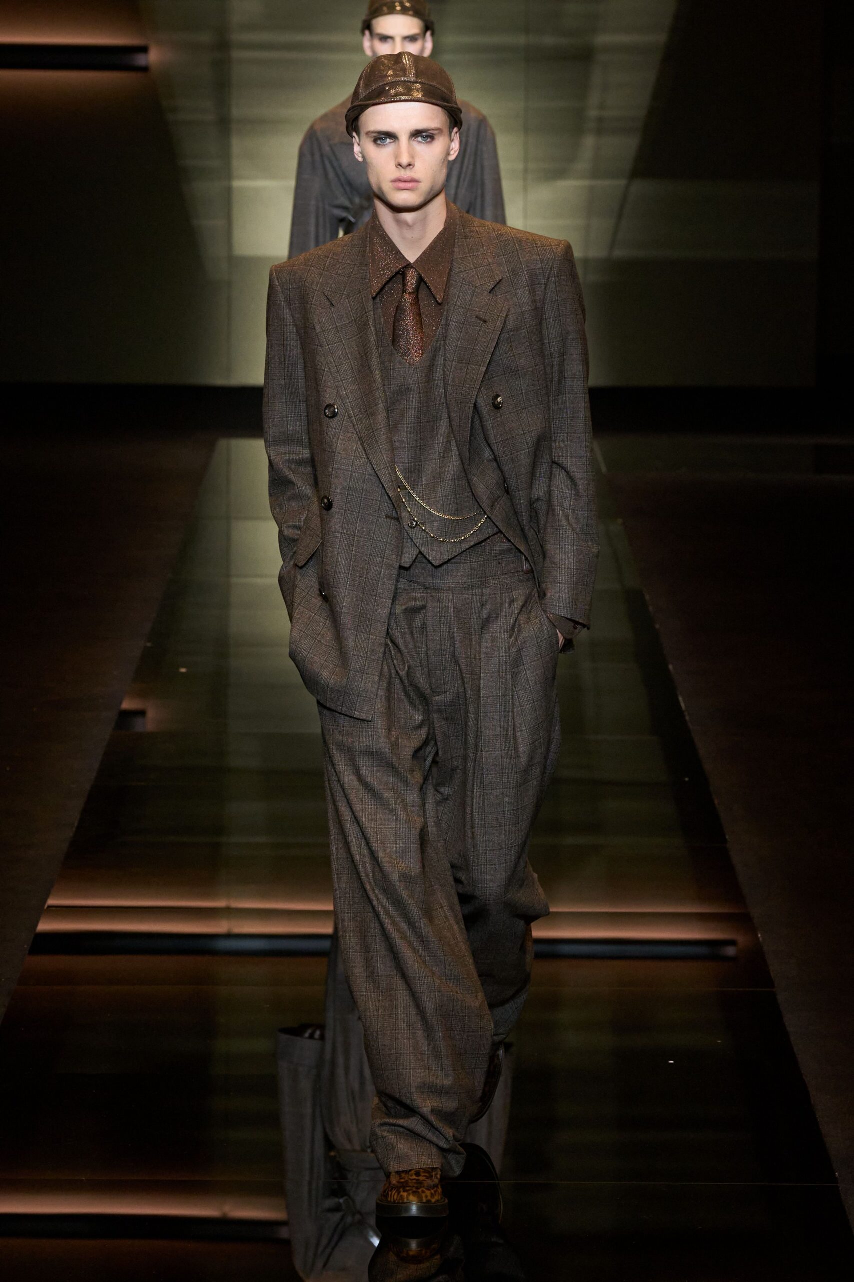 brown tailored suit with shirt