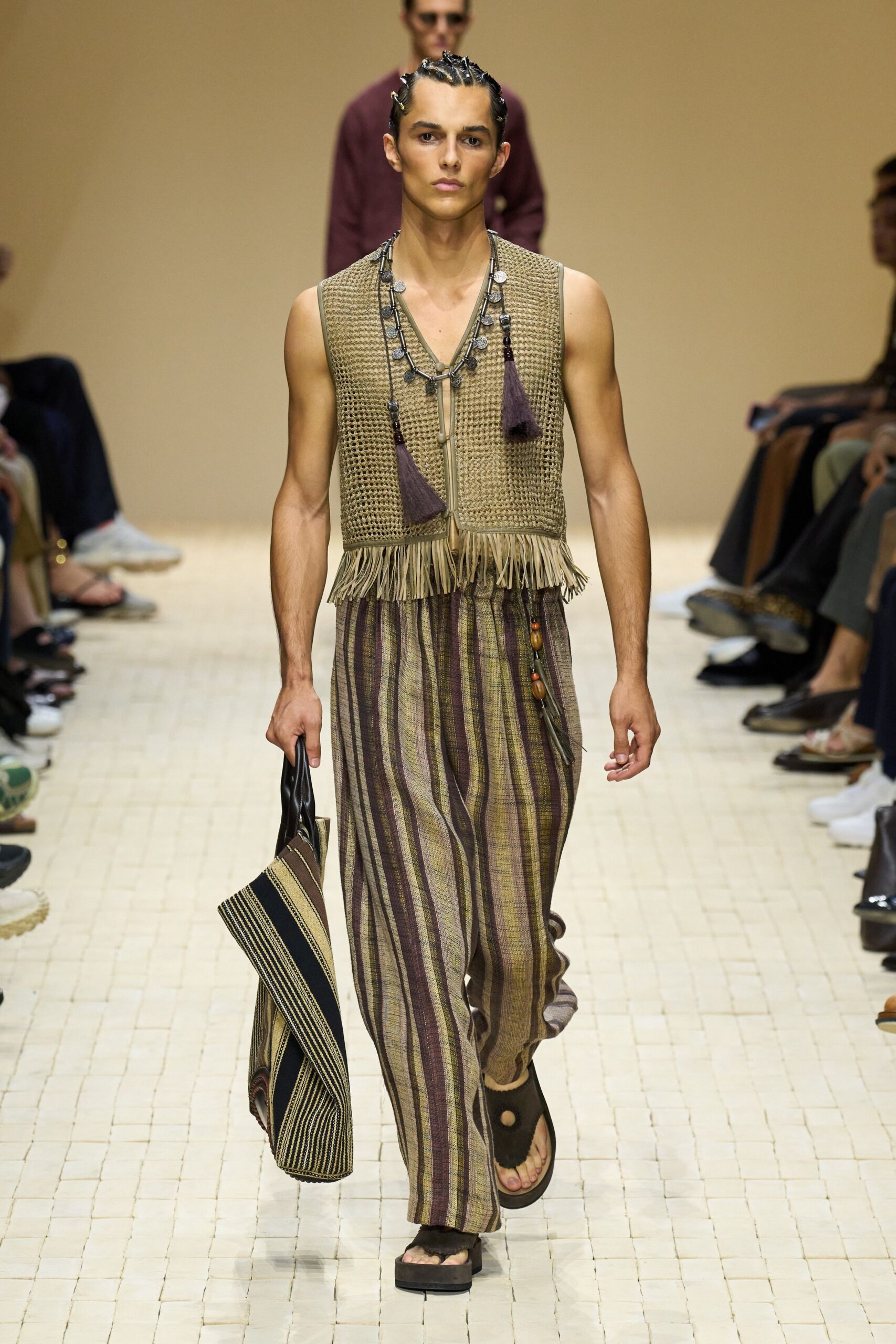 brown beige striped vest and pants