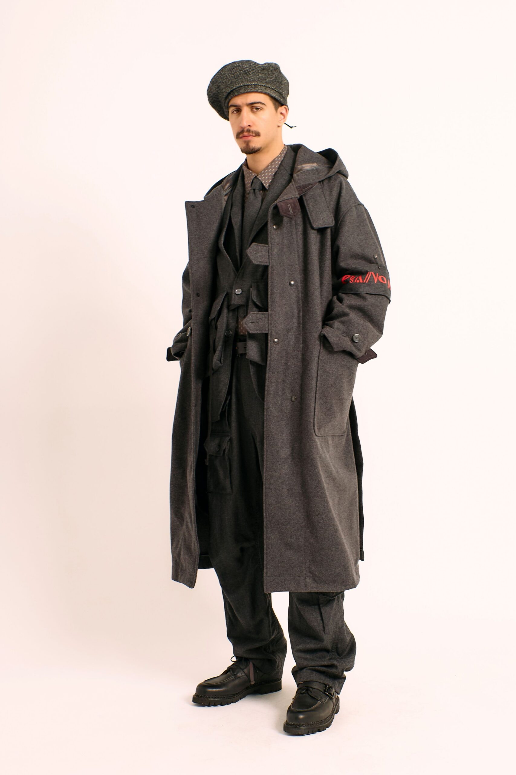 gray wool long-sleeve collared relaxed buttoned maxi coat