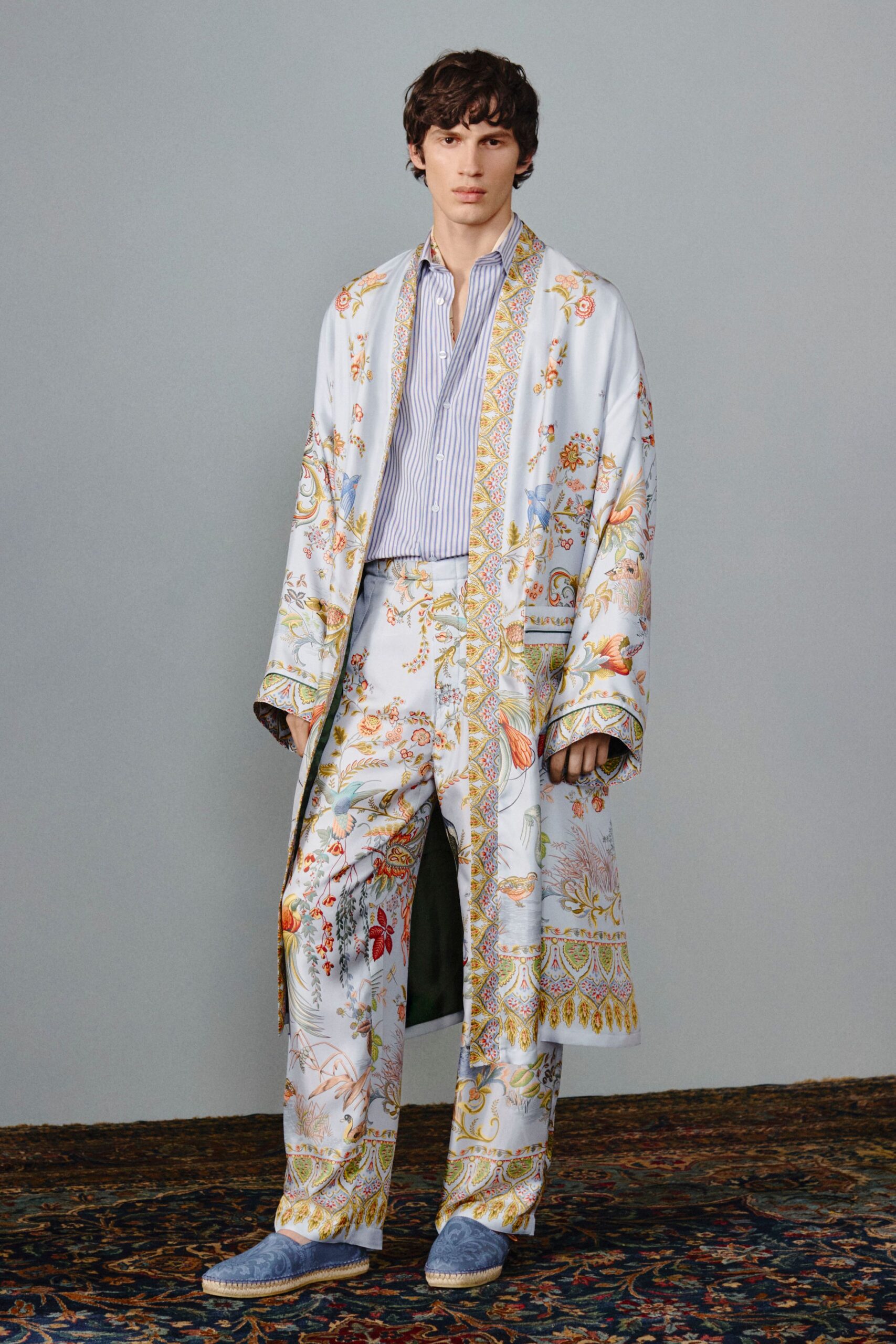 blue embroidered coat with shirt and pants