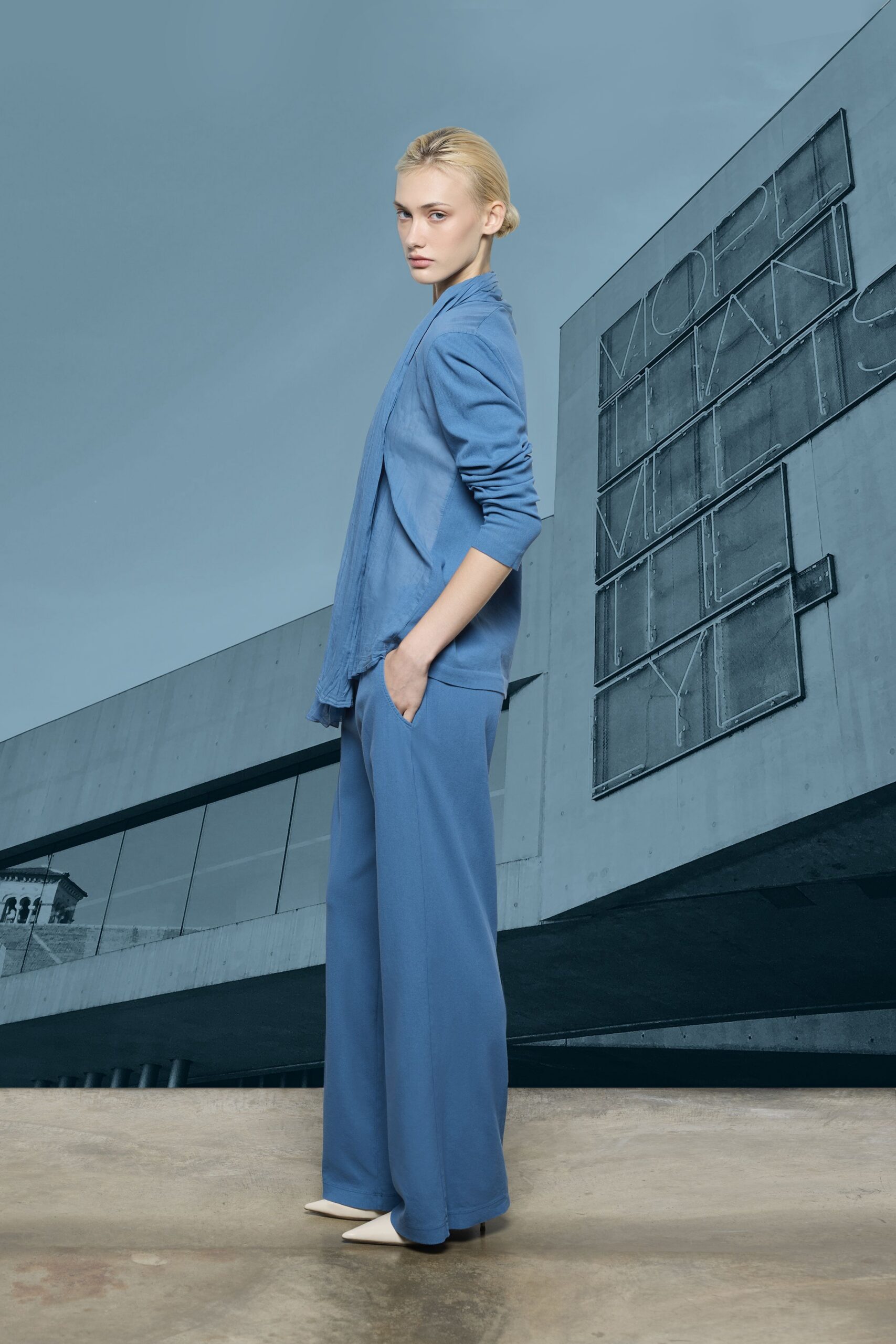 blue blazer and wide-leg pants