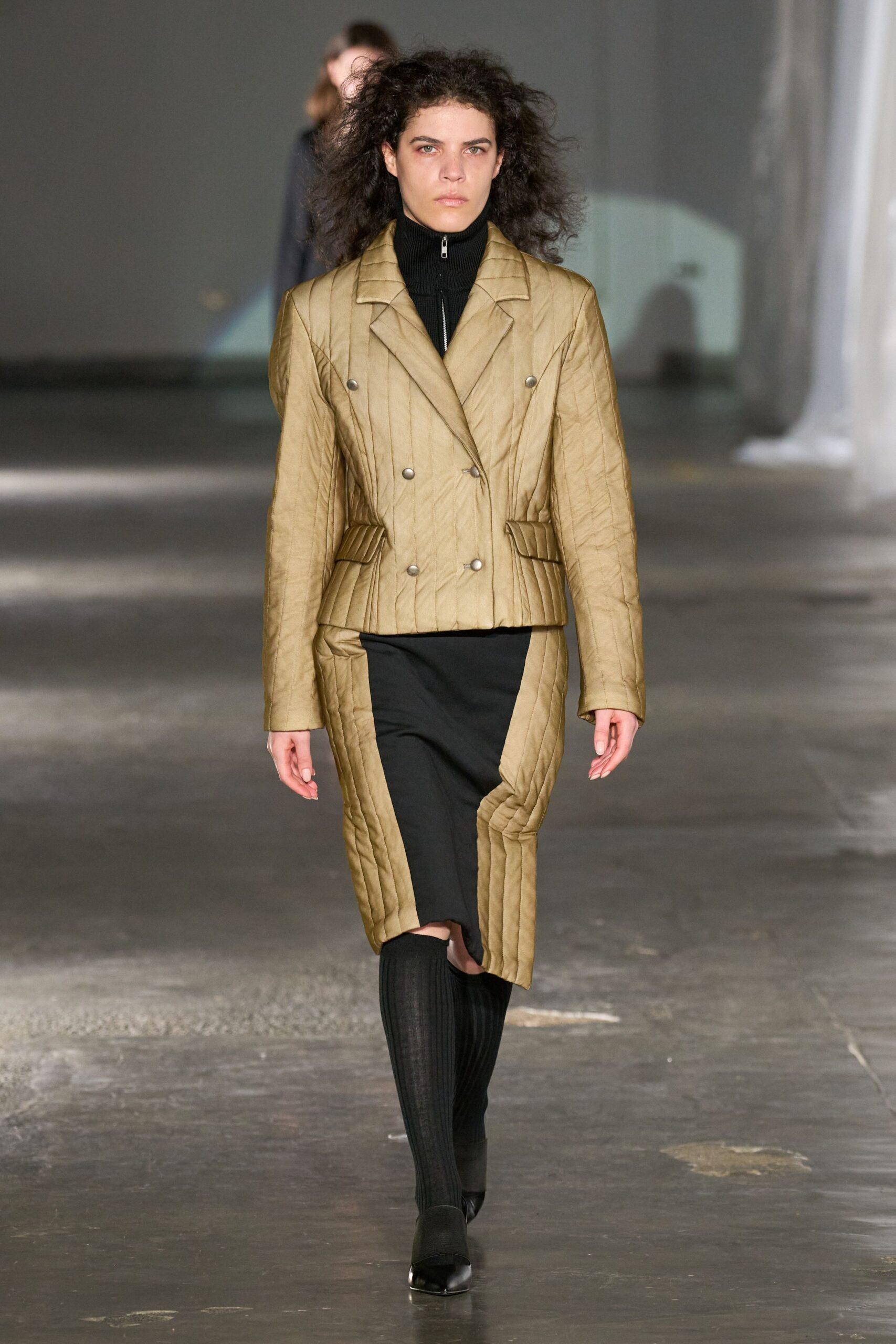 gold metallic long-sleeve collared structured quilted blazer