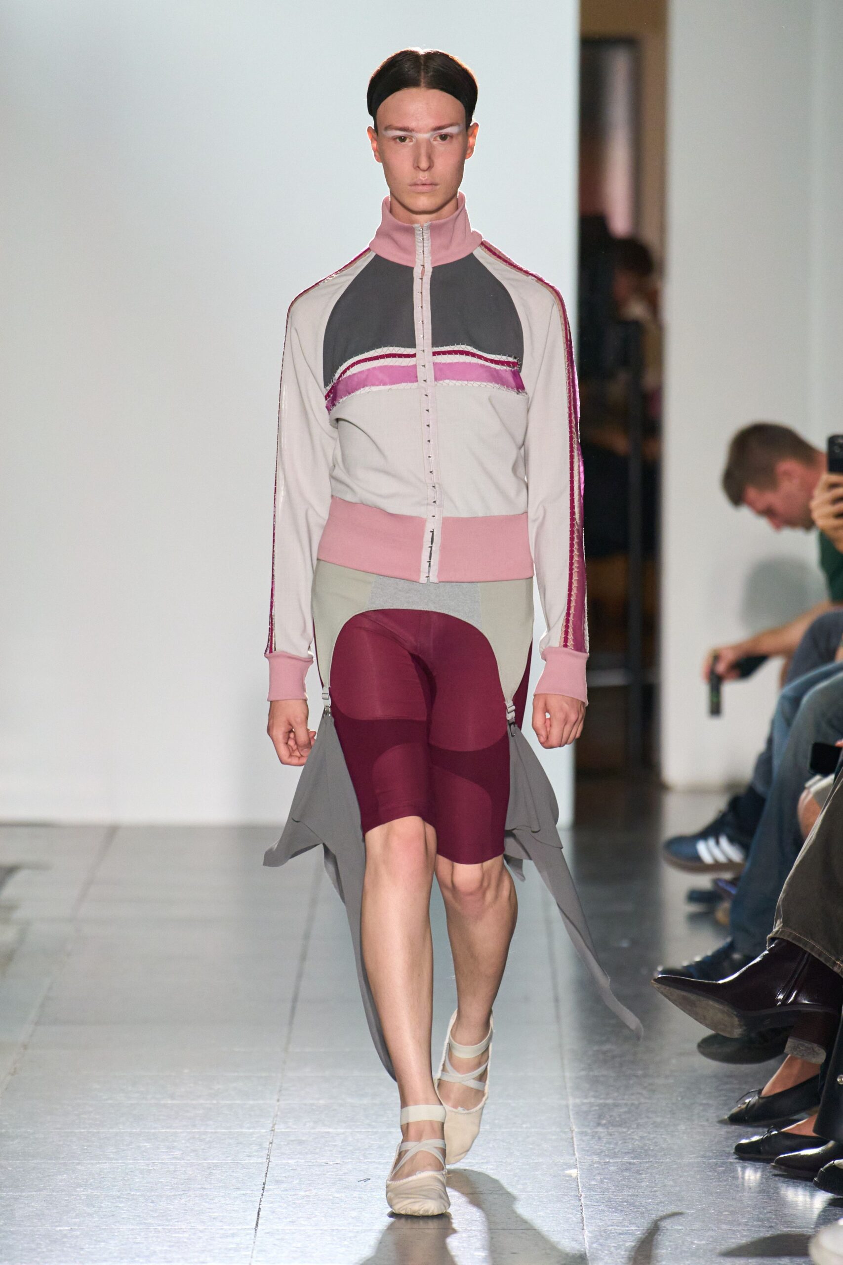 fitted gray jacket with maroon pants