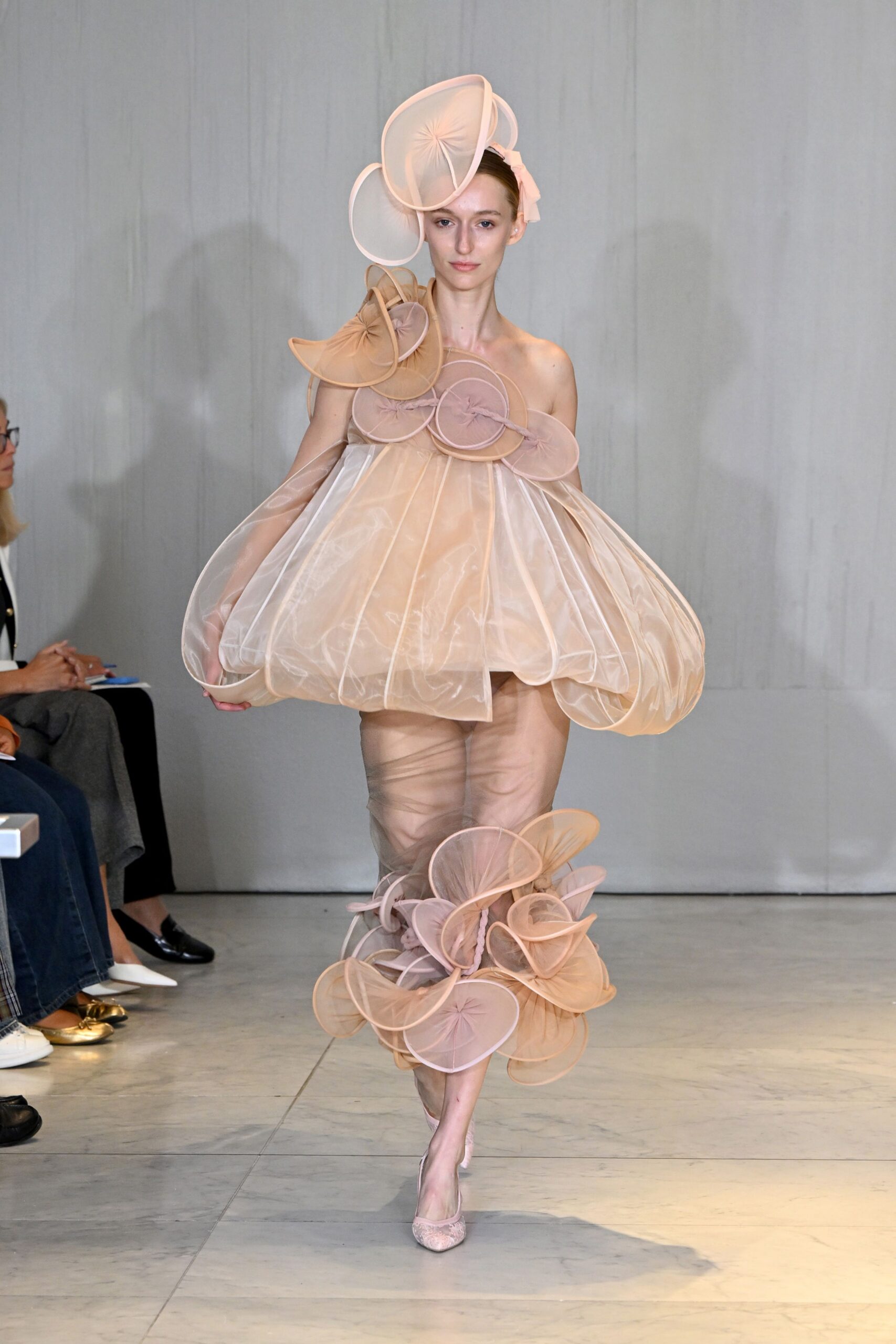 pink tulle sleeveless off-shoulder relaxed layered pleated dress