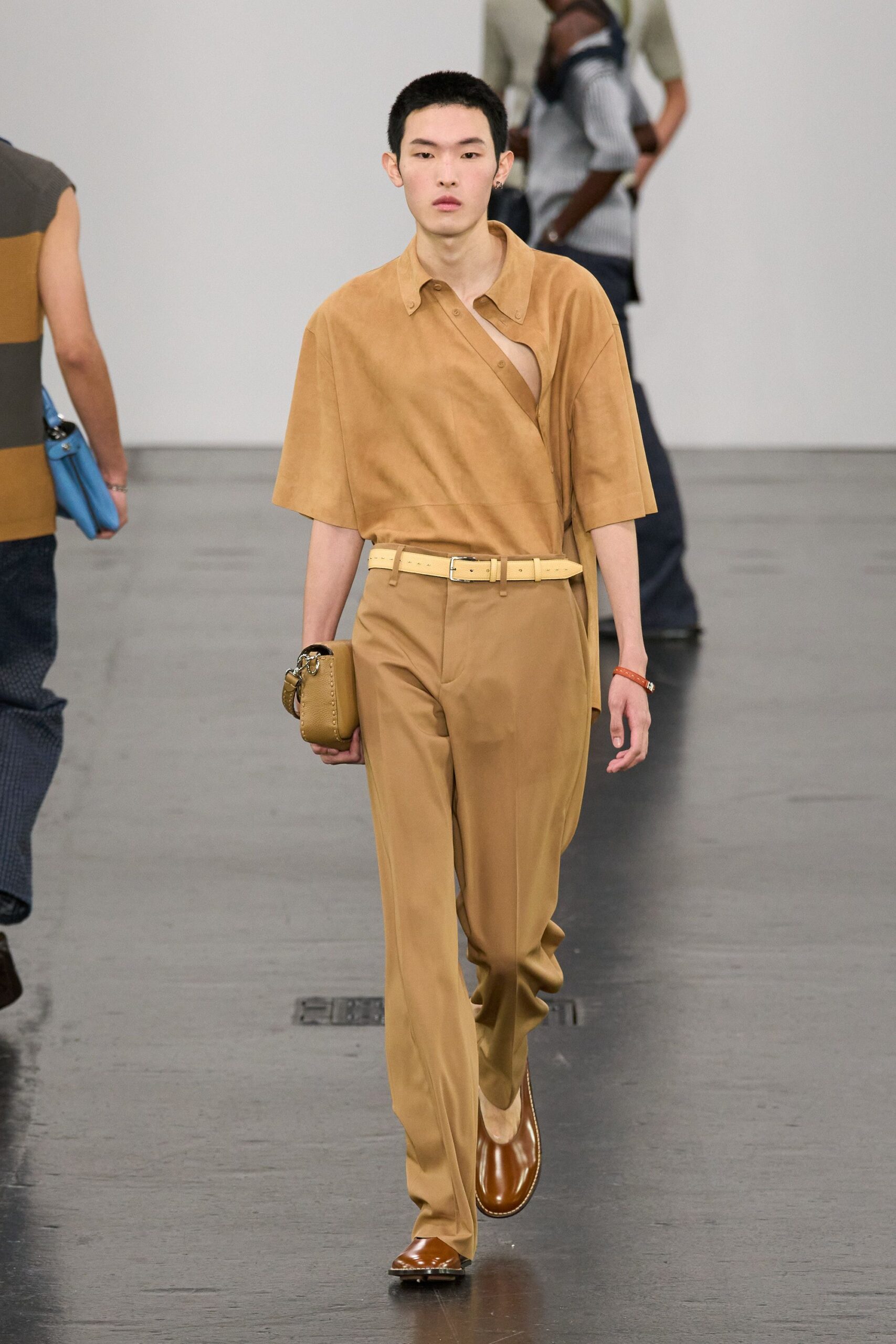 beige suede short-sleeve cutout relaxed shirt