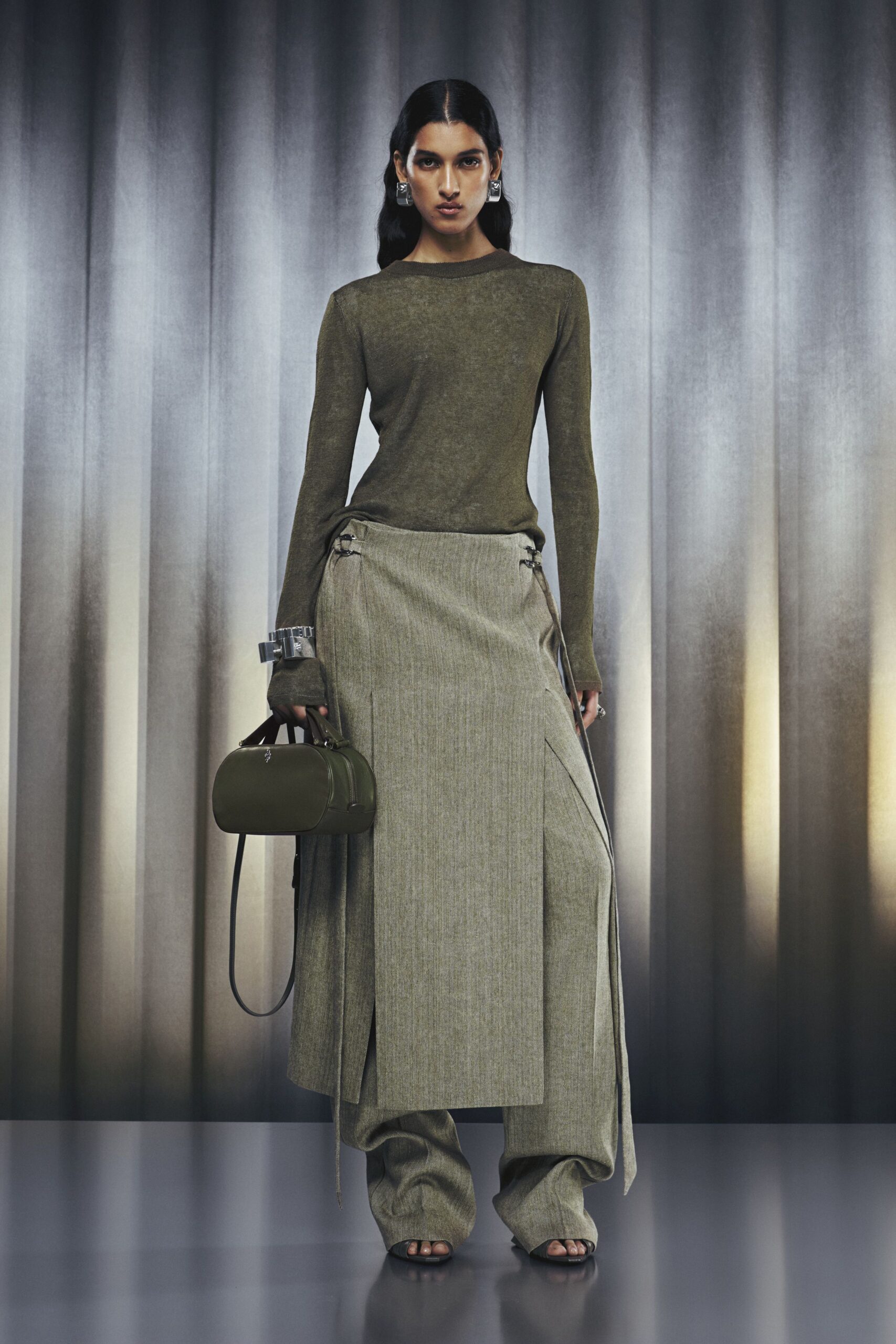 gray wool asymmetric relaxed pleated skirt
