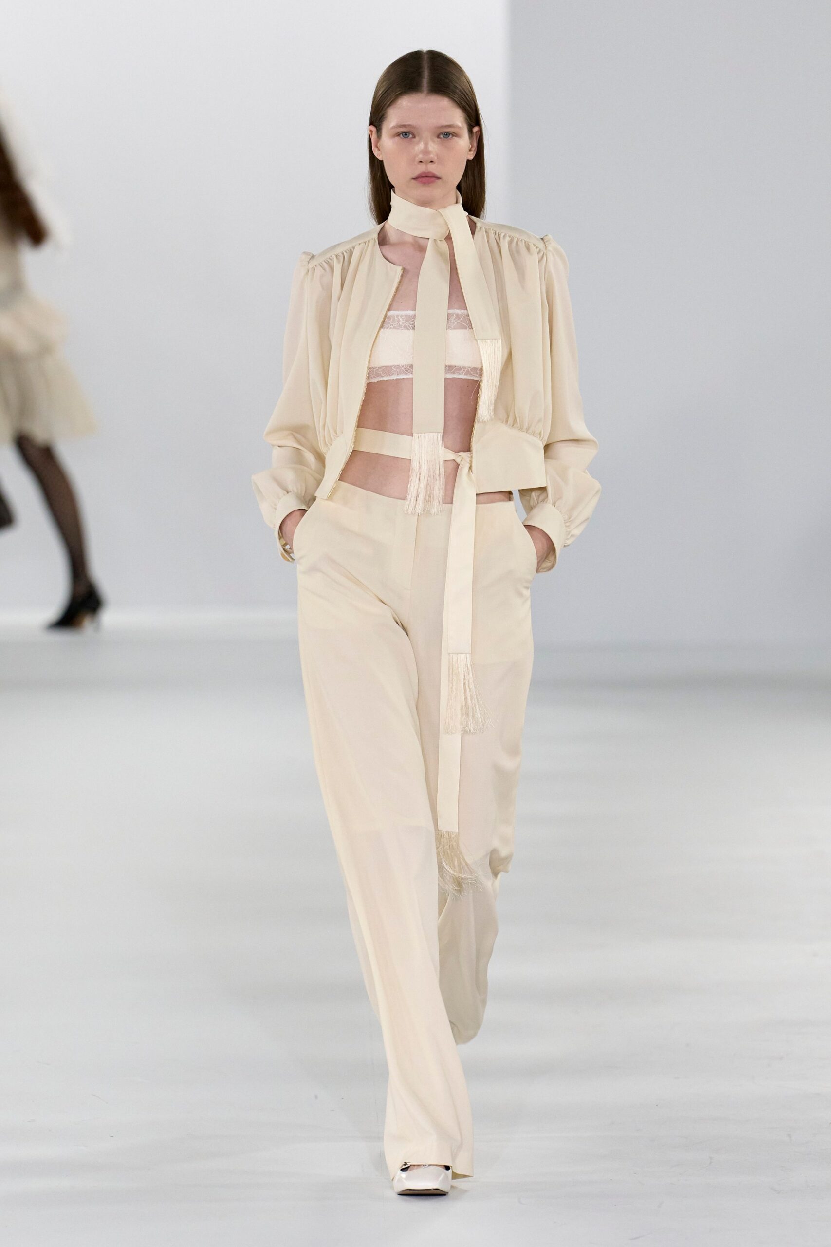 beige silk long-sleeve collared fitted pleated blouse