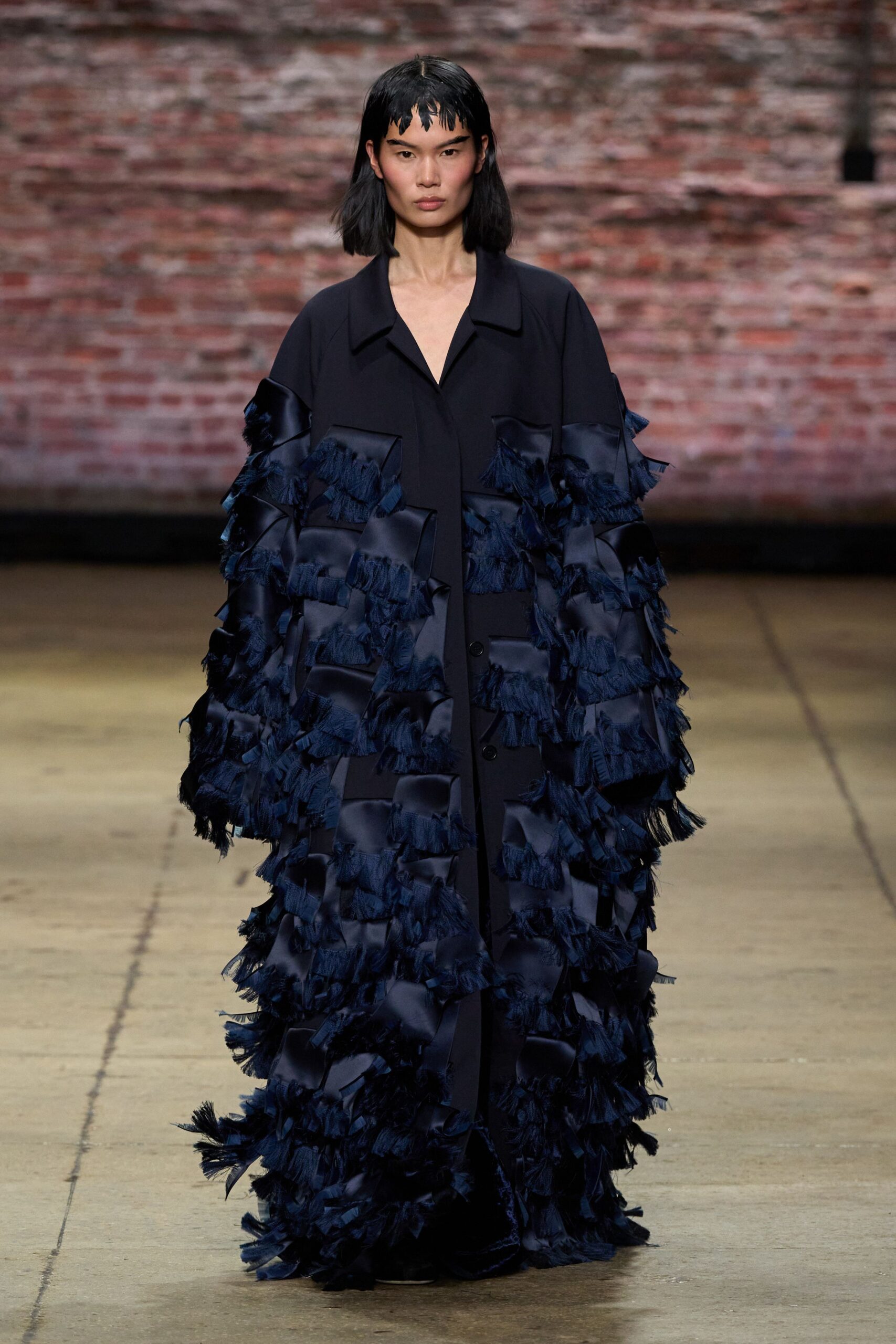 navy silk fringed coat