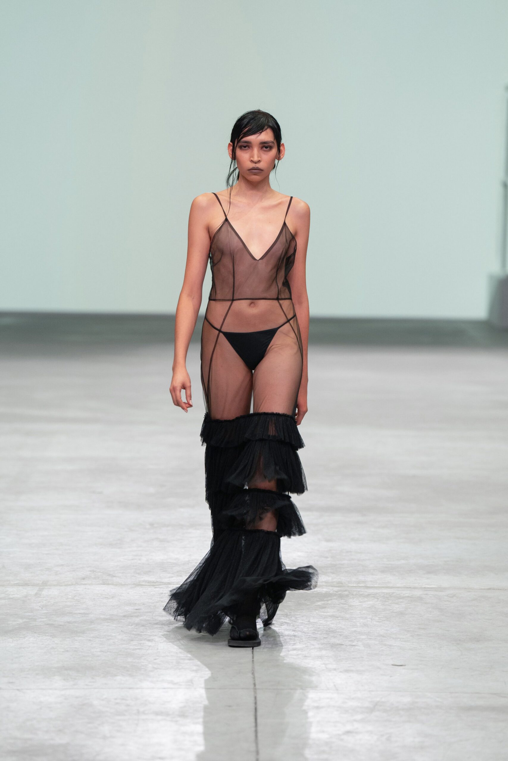 black sheer tiered gown