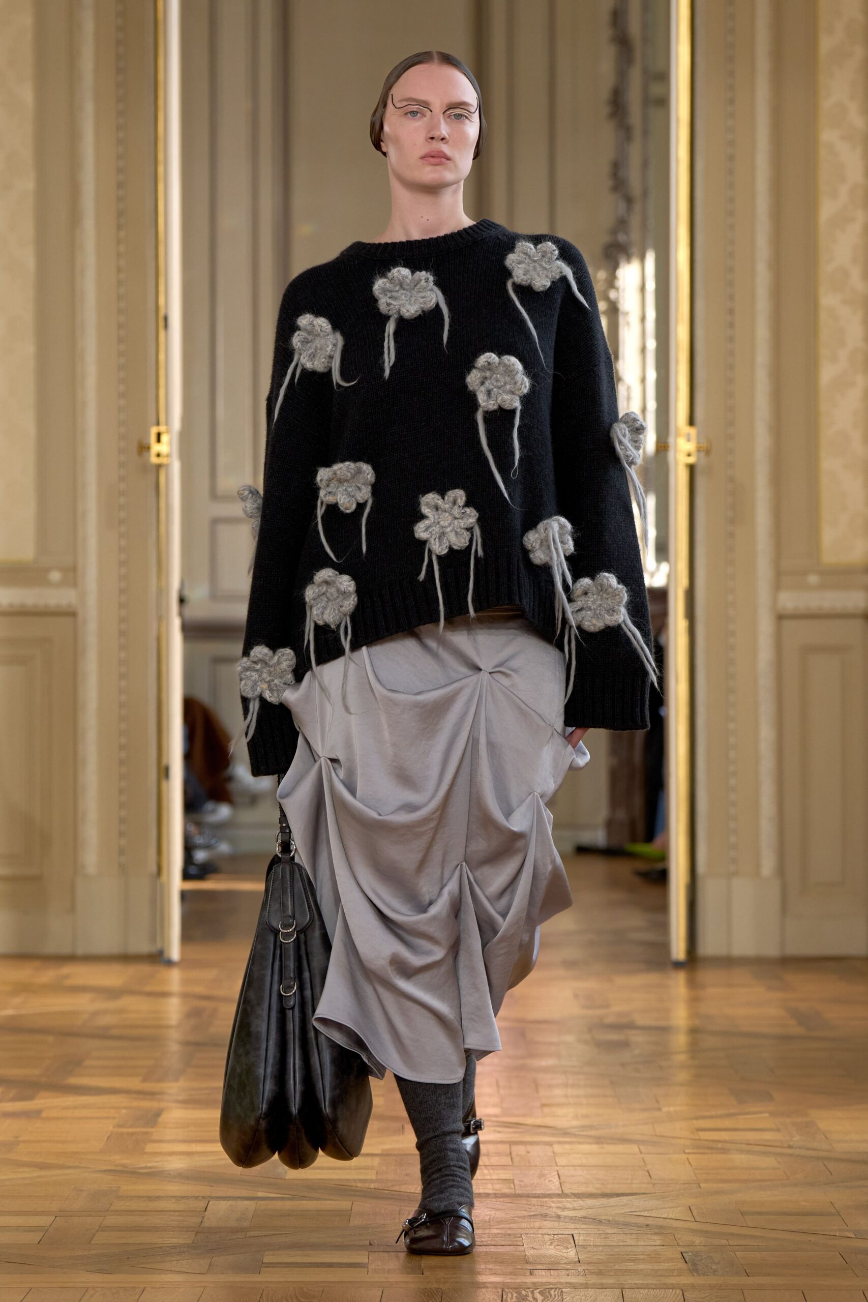 gray cotton asymmetric fitted pleated skirt