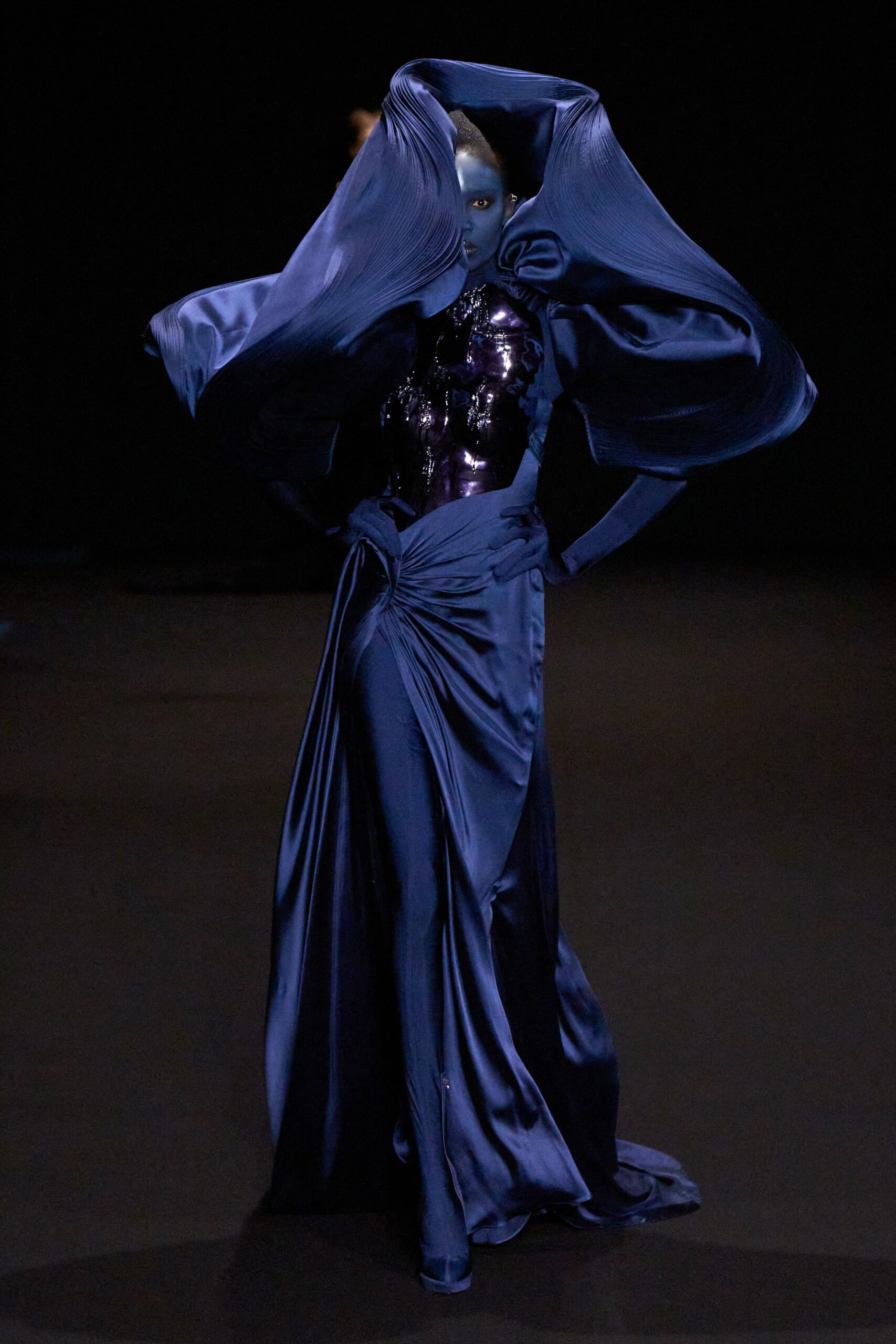 blue silk fitted gown