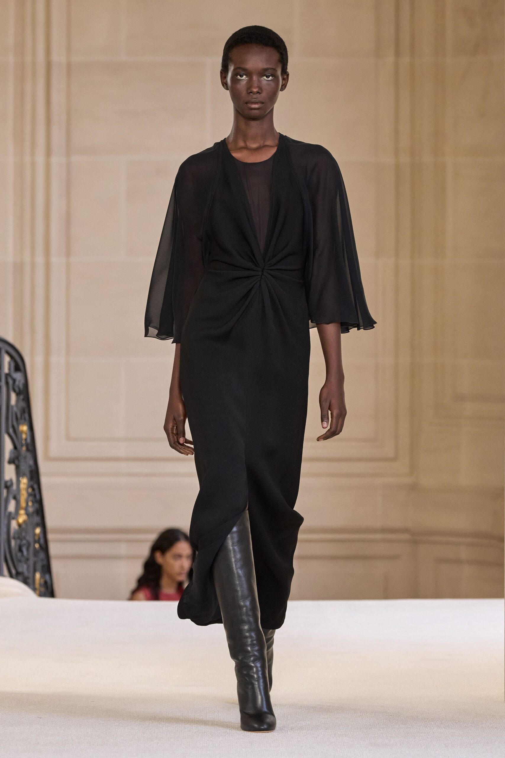 black silk draped maxi dress with boots