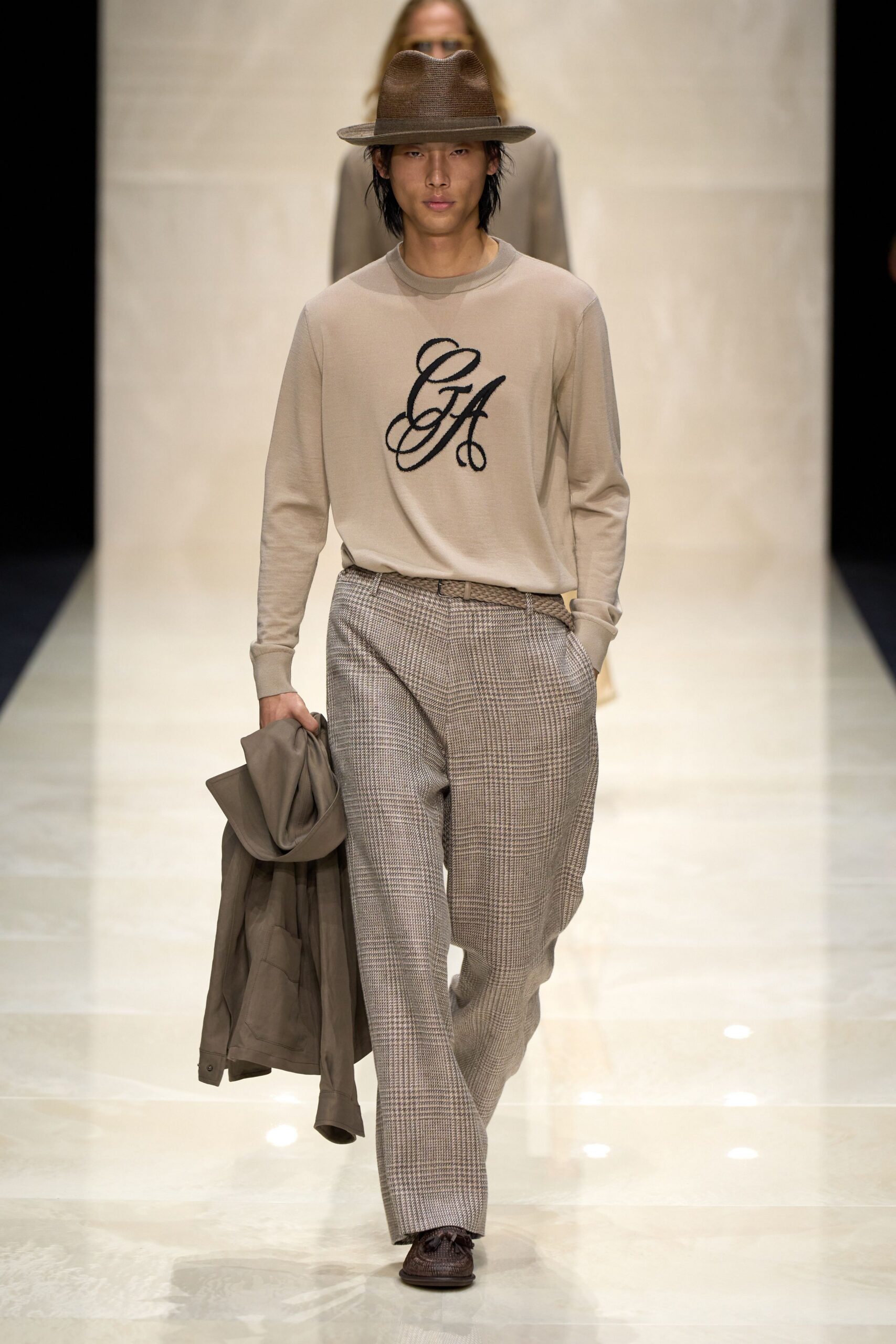 beige relaxed shirt with gray pants